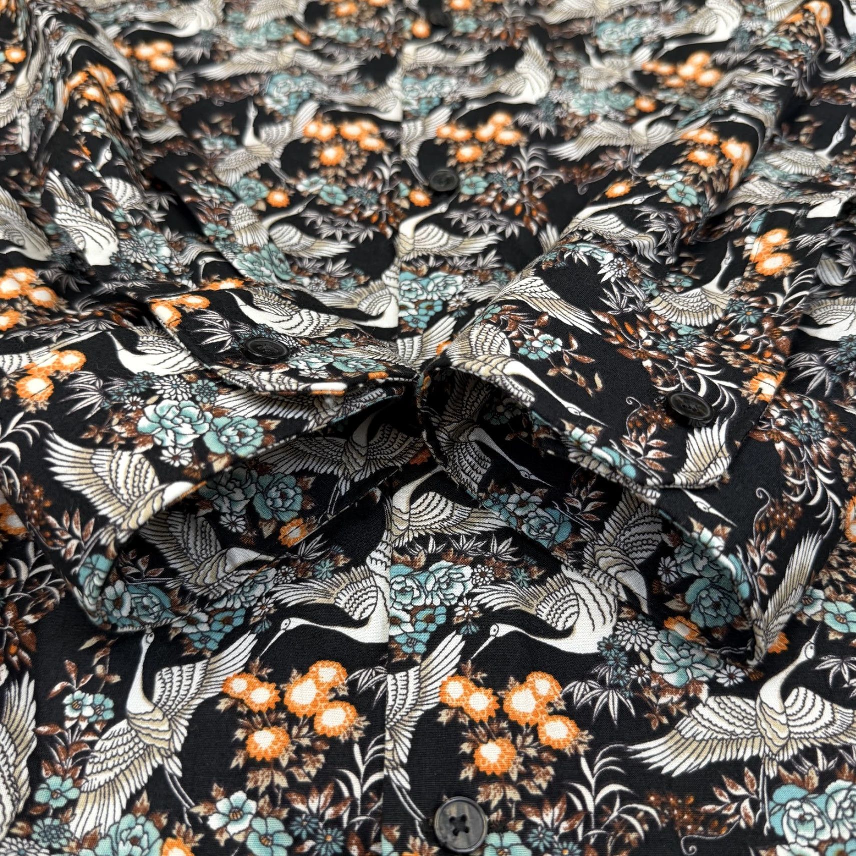 Express Express Dress Shirt Mens XL Black Floral Bird Print Slim Long Sleeve Button Down Size 46R - 3 Thumbnail