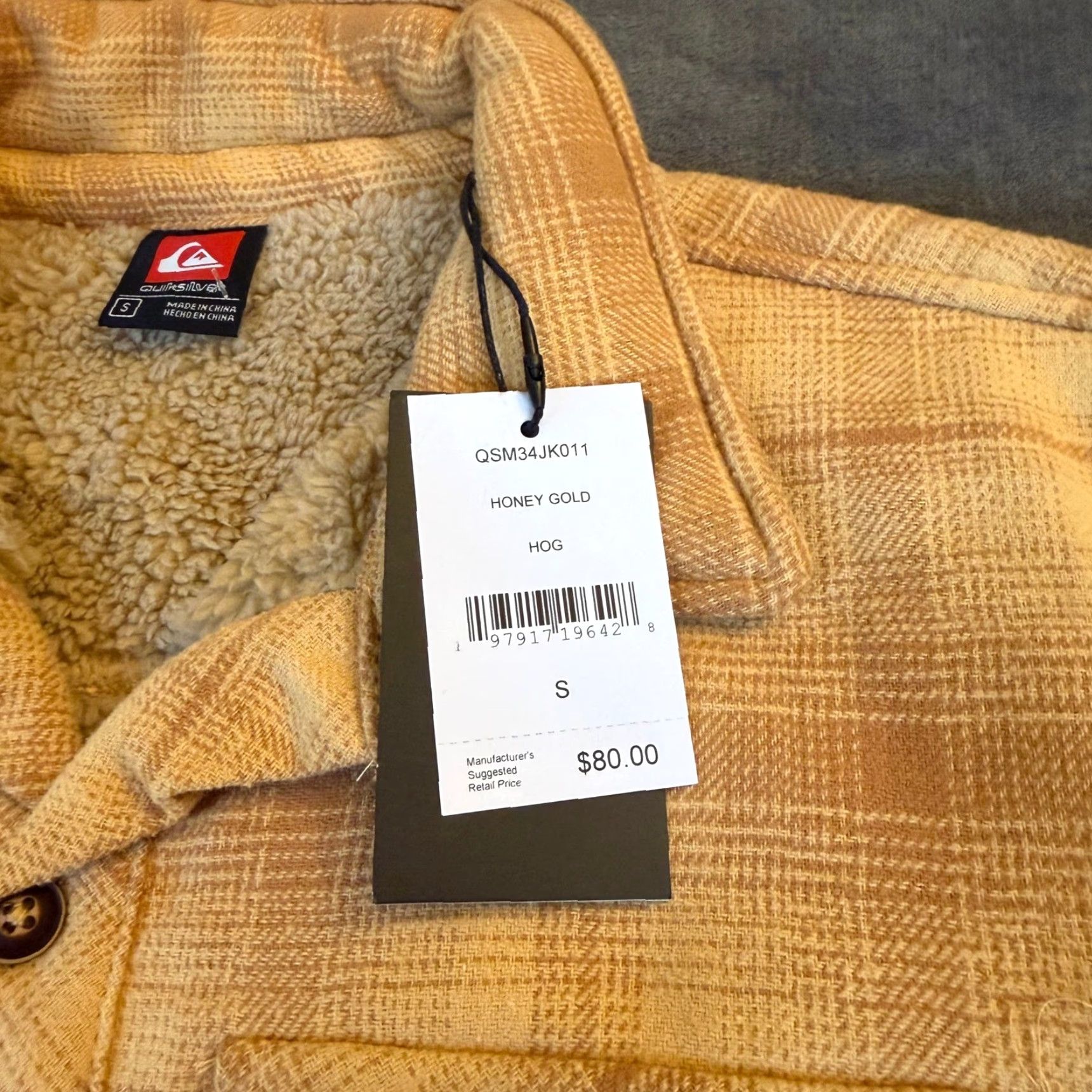 Quiksilver Flannel Shirt Jacket Plaid Sherpa Lined Honey Gold Mens Small NWT