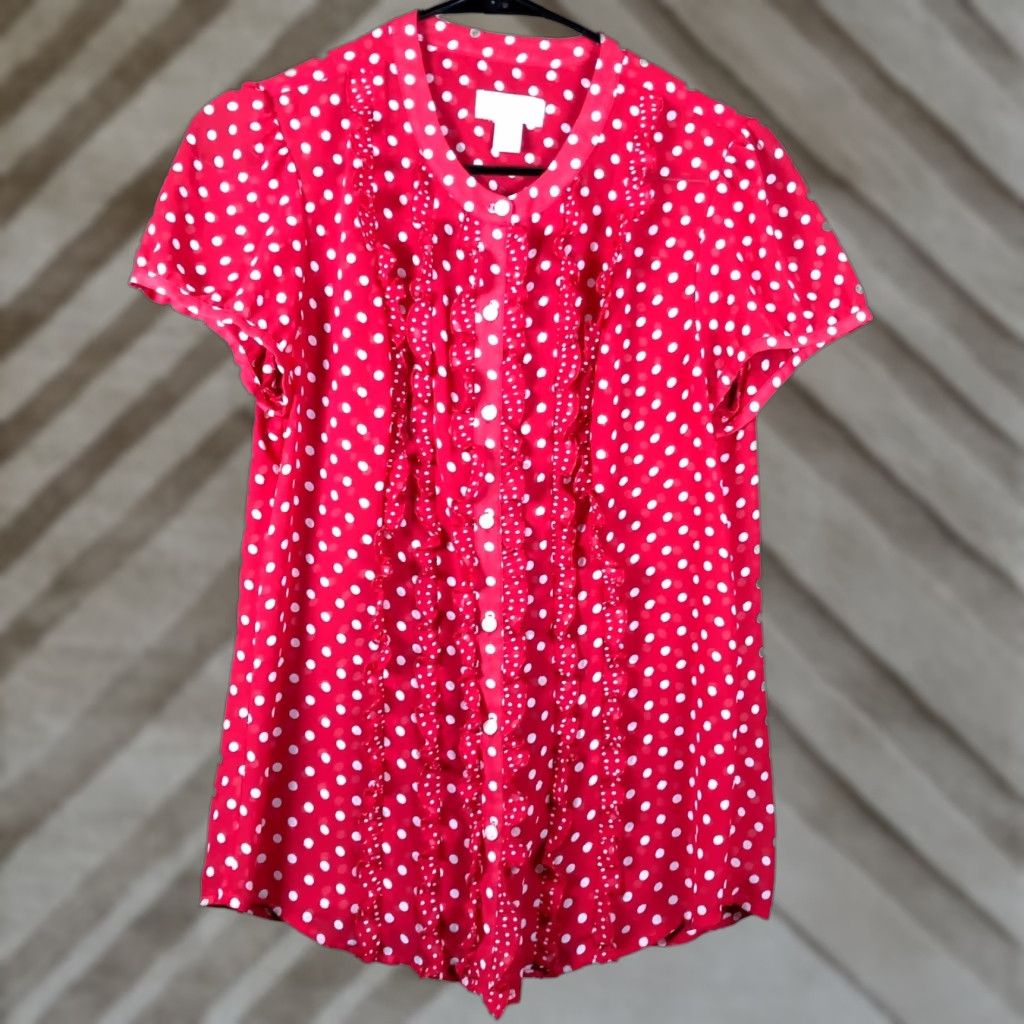 Loft Ann Taylor Loft Blouse Womens Red White Dotted Short Sleeve Sheer Button Down 4 Size S / US 4 / IT 40 - 1 Thumbnail