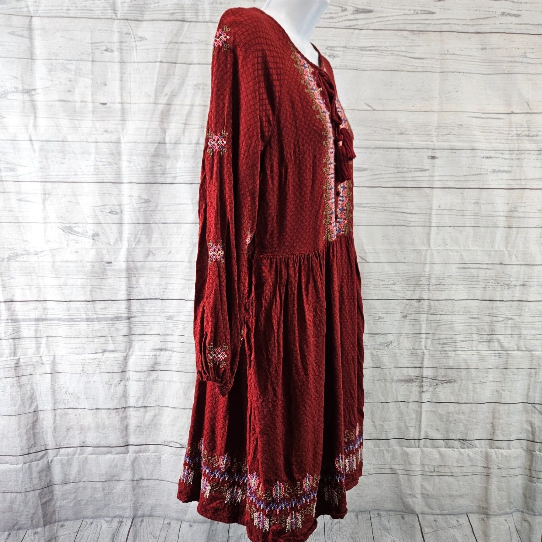 Vintage Knox Rose Dress Womens XS Red Pink Embroidered Long Sleeve Tassels Size XS / US 0-2 / IT 36-38 - 3 Thumbnail