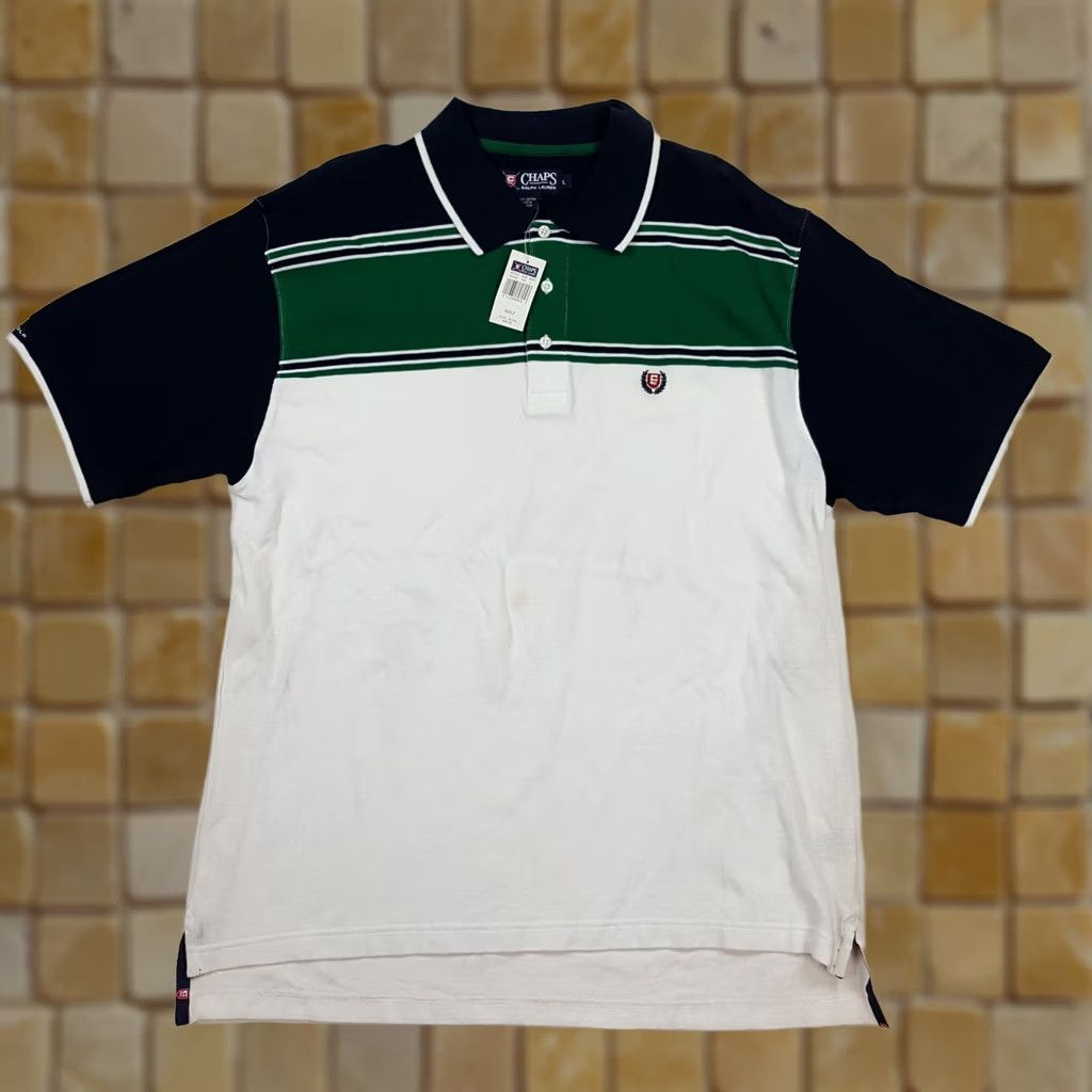 Ralph Lauren Vintage Ralph Lauren Chaps Green Striped Polo Shirt - Size L - Cotton Knits - Button Collar Polo - Short Sleeve - Mens - Casual, 90s, Preppy Size US L / EU 52-54 / 3 - 1 Thumbnail