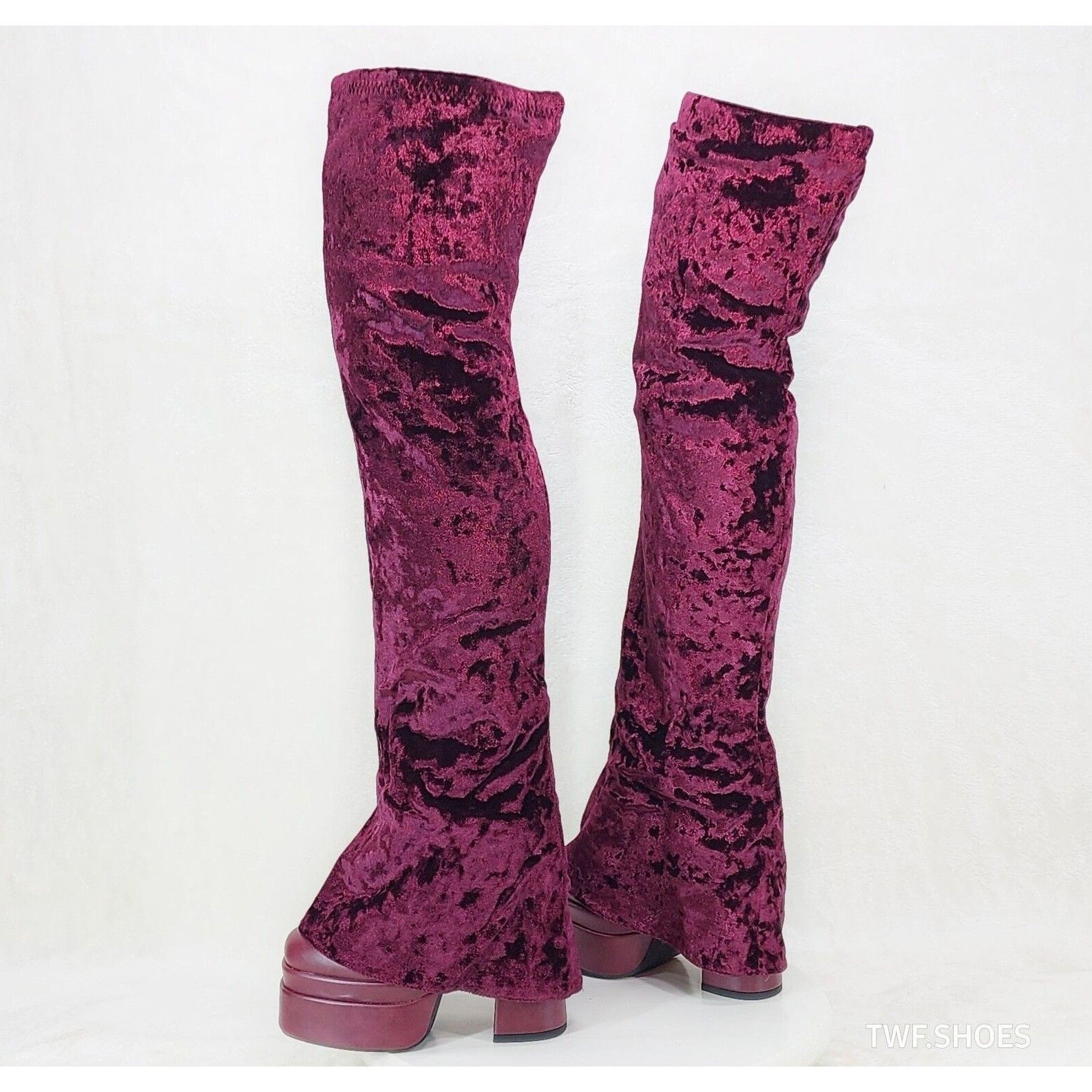 Other Unique Thigh High Wine Red Velvet Fold over Skirted Chunky H Size US 10 / IT 40 - 1 Thumbnail