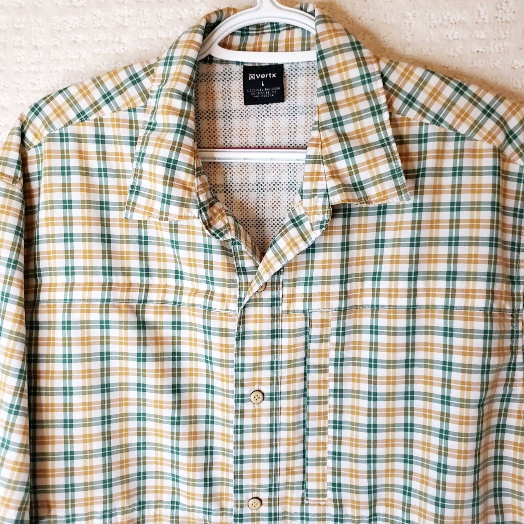 Vintage Vertx Stretch Shirt Mens Medium Green Tan Check Vented Back Conceal Carry Button-Up Short Sleeve Collared Cotton Blend Casual Workwear 42 Chest Mens Size US M / EU 48-50 / 2 - 3 Thumbnail