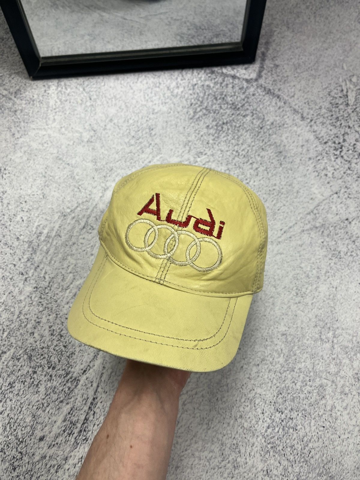 Vintage Vintage Audi Big Logo Leather Racing Cap Hat Moto 90’s Rare Size ONE SIZE - 1 Thumbnail