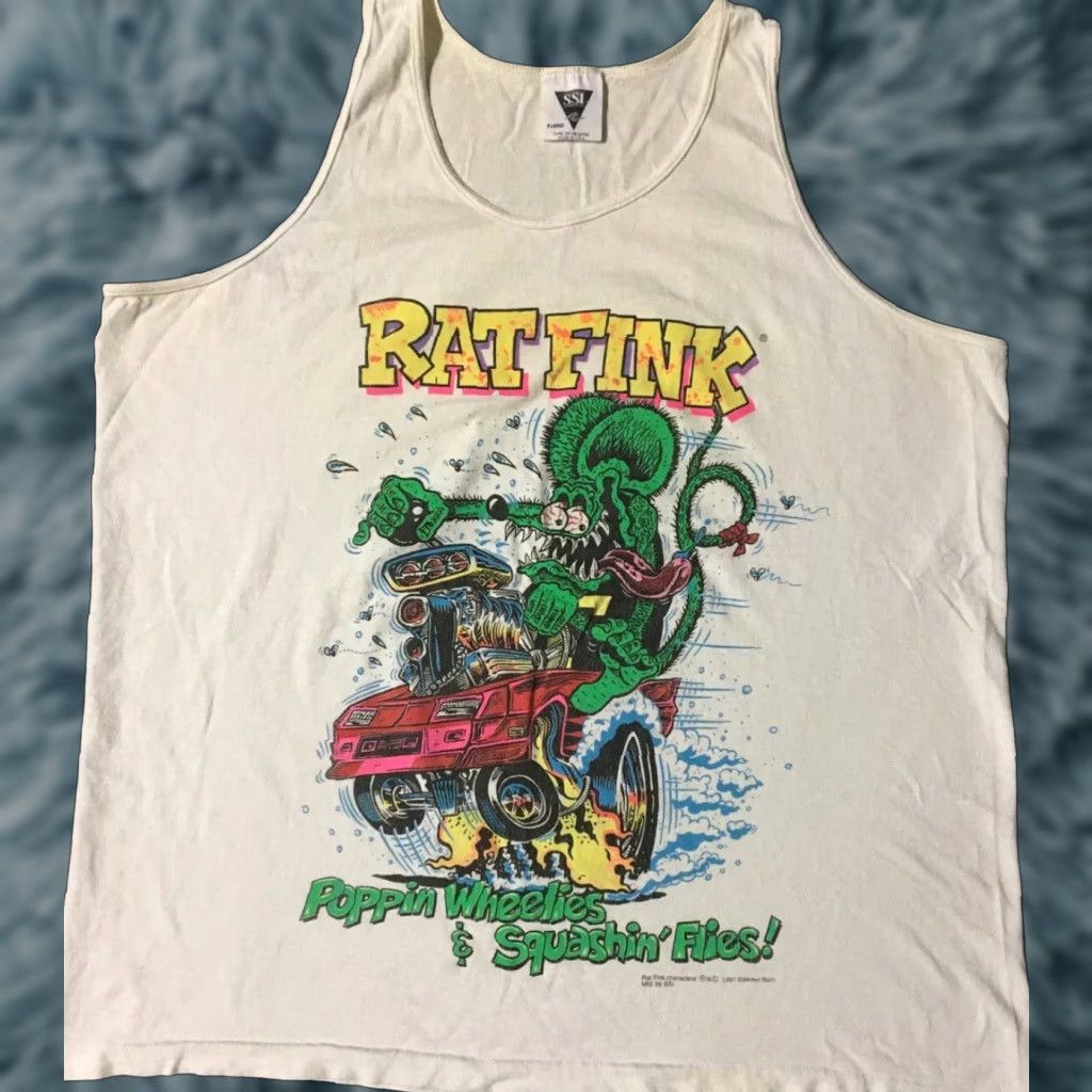 VINTAGE 90s Rat Fink Poppin Wheelies Faded Tank Top XL White Skate Grunge 80s
