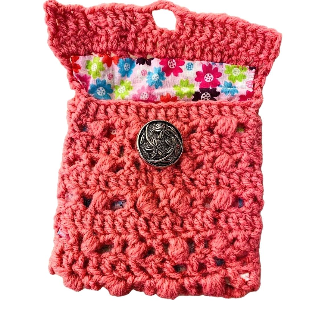 Pinko Handmade Crochet Pouch Pink Lined Floral Accessory Silvertone Button Closure 5.5" h x 5" w Clutch Women Size ONE SIZE - 6 Thumbnail