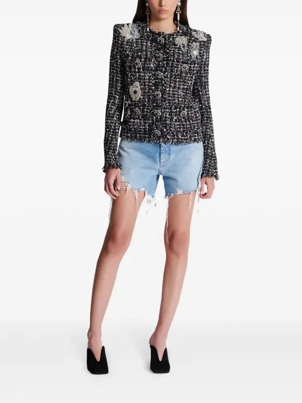 Balmain o1s1wg110825 Collarless Tweed Jacket in Black Size L / US 10 / IT 46 - 2 Thumbnail