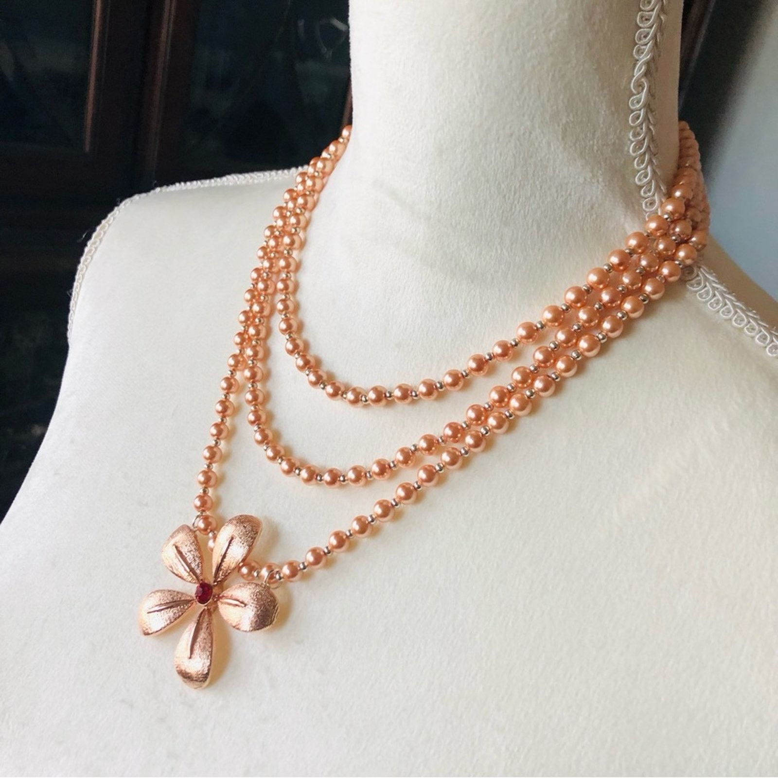 Handmade Handcrafted triple strand Czech Pearl genuine ruby neckla Size ONE SIZE - 1 Thumbnail