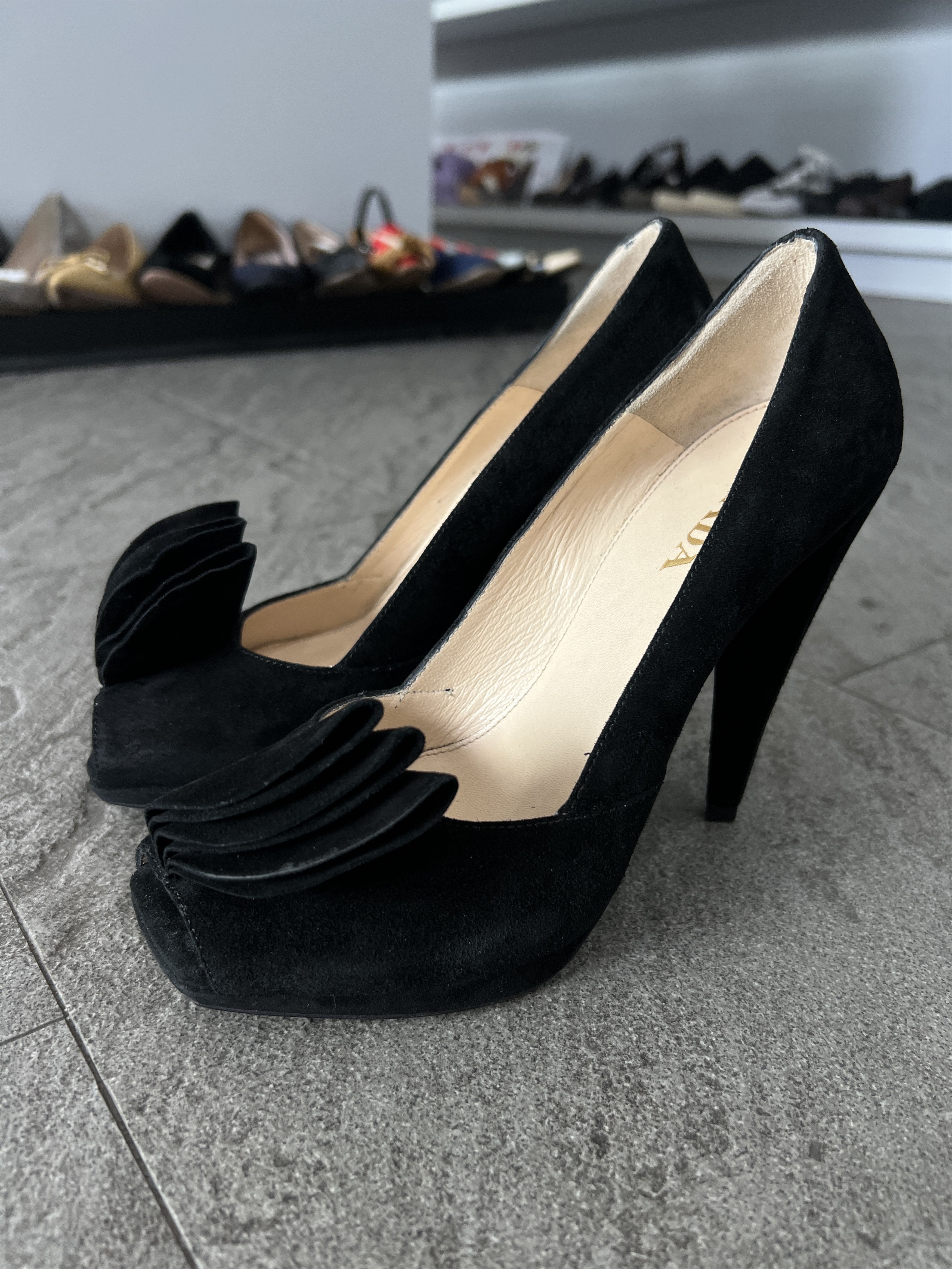 Prada Prada Suede Platform Peep Toe Heels Black 37.5 Size US 7.5 / IT 37.5 - 3 Thumbnail