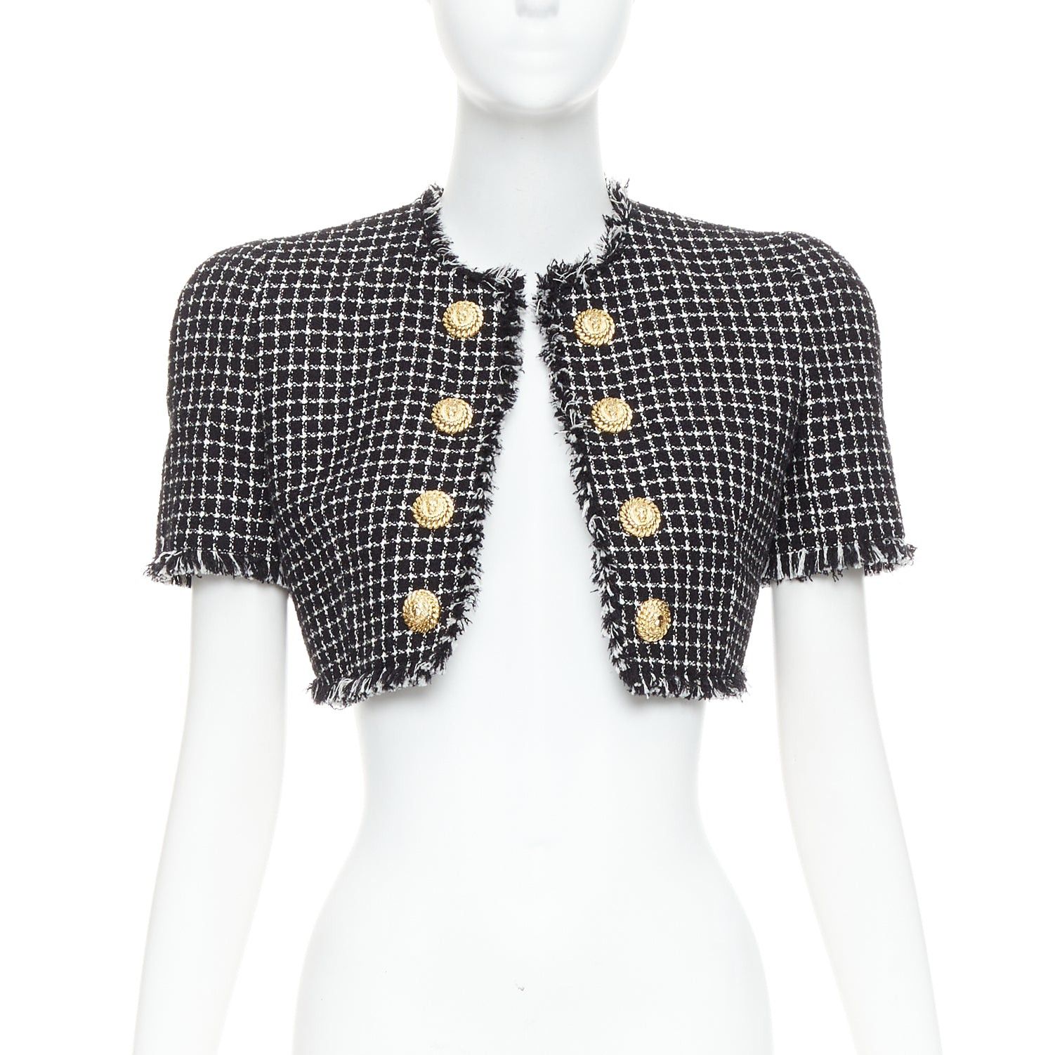Balmain BALMAIN 2024 black white tweed lionhead buttons cropped jacket FR34 XS Size XS / US 0-2 / IT 36-38 - 1 Thumbnail