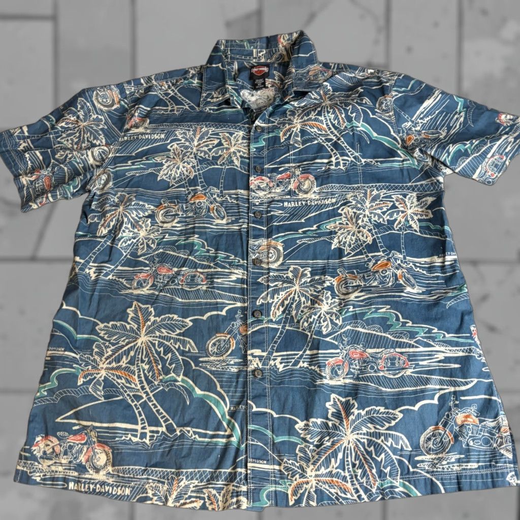 Harley Davidson VINTAGE Harley-Davidson Shirt Hawaiian Blue Floral 2XL Mens Button-Up Short Sleeve Collared Cotton Size US XXL / EU 58 / 5 - 1 Thumbnail