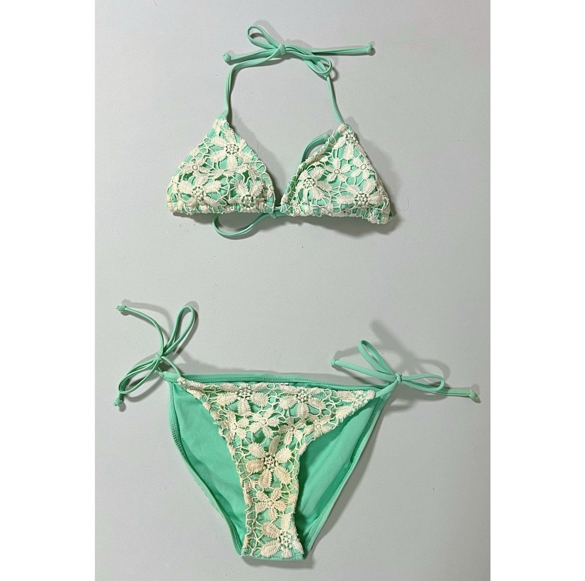 Japanese Brand × Vintage Mint Green Crochet Lace Bikini Top and Bottoms Set Size S ✨ Size ONE SIZE - 2 Thumbnail