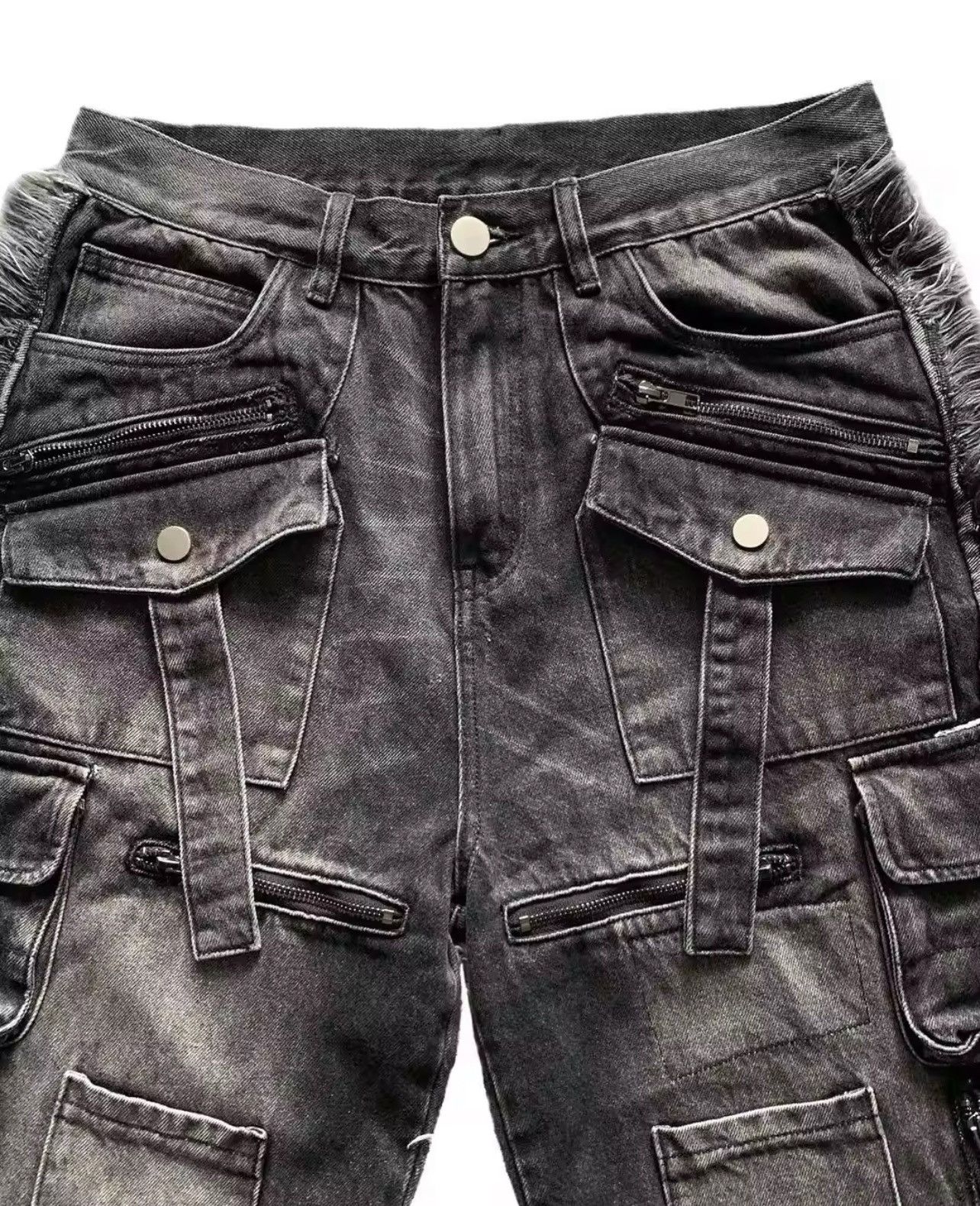 Japanese Brand × Jean Gothic Harajuku Y2K Multi-Pocket Washed Black Jeans Size US 32 / EU 48 - 4 Thumbnail