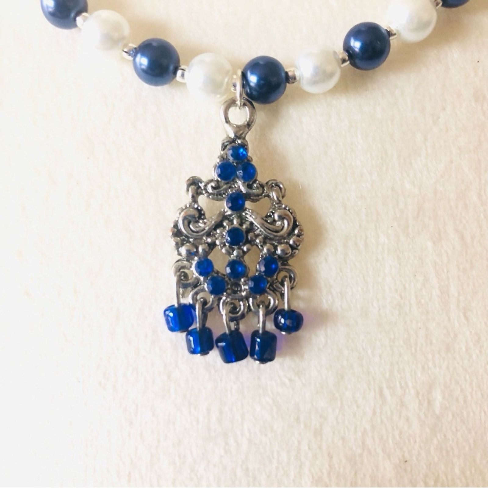 Handmade Handcrafted repurpose royal blue chandelier Pearl necklace Size ONE SIZE - 10 Thumbnail