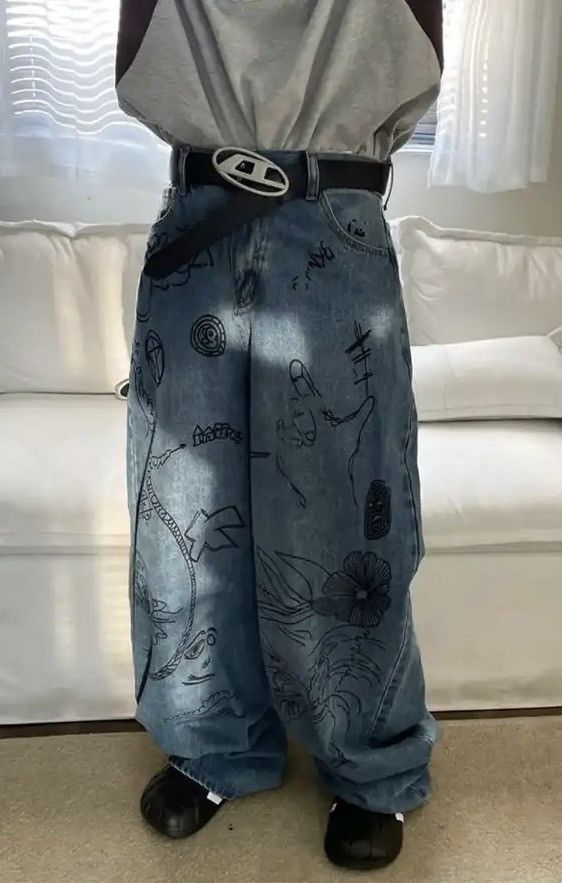 Jean × Vintage Men Printed Blue Hippie Jeans Size US 31 - 4 Thumbnail