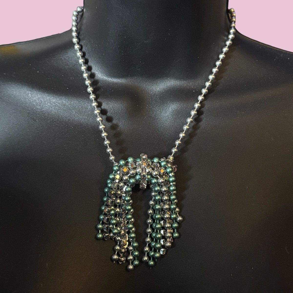 Vintage Vintage silver/teal ball chains & AB rhinestone necklace Size ONE SIZE - 1 Thumbnail