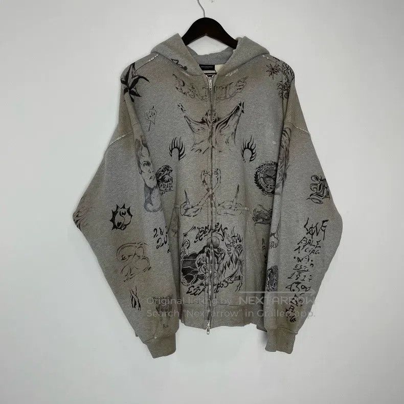 Balenciaga Hand-Painted Tattoo Pattern Zipper Hoodie