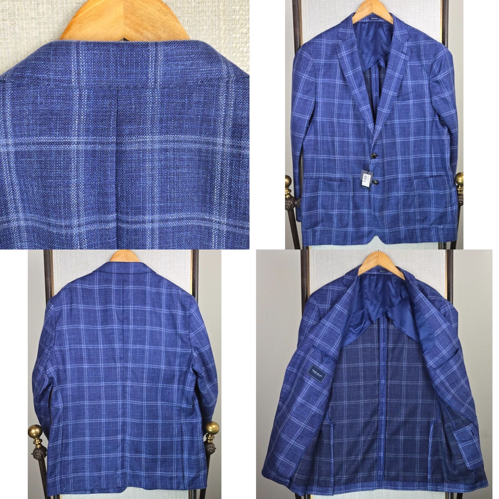Peter Millar Peter Millar Jacket Blue Windowpane 48 Long Wool/Silk/Linen Unstructured Notch Lapel Size US M / EU 48-50 / 2 - 8 Thumbnail