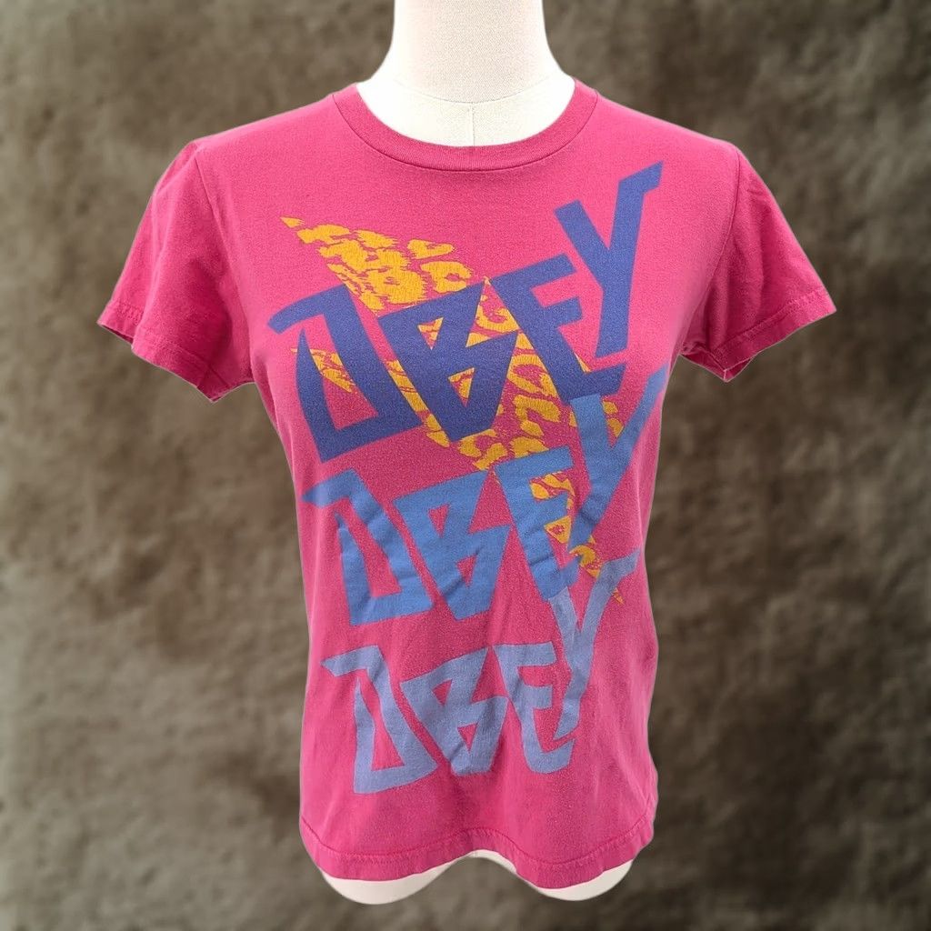 Obey OBEY Pink Logo Print Cotton T-Shirt Streetwear Graphic Tee Womens S Size S / US 4 / IT 40 - 1 Thumbnail