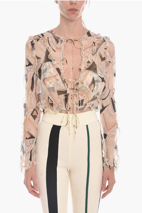 image of Fendi Chiffon Cropped Shirt With Front Ties in White, Women's (Size Medium)