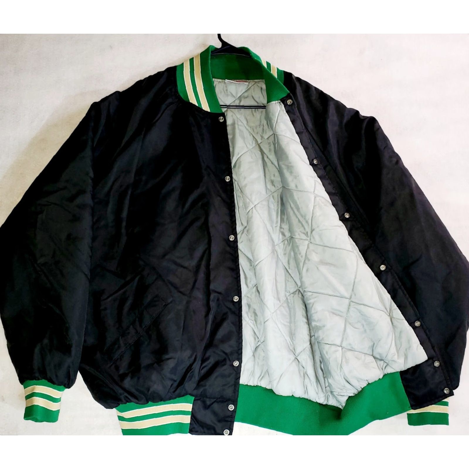 Vintage VTG Harvard Clothing Athletic Otterwear Bomber Jacket Men 2XL Black Green Solid Mid-Length Polyester Lining Band Collar Casual Varsity Size US XXL / EU 58 / 5 - 6 Thumbnail