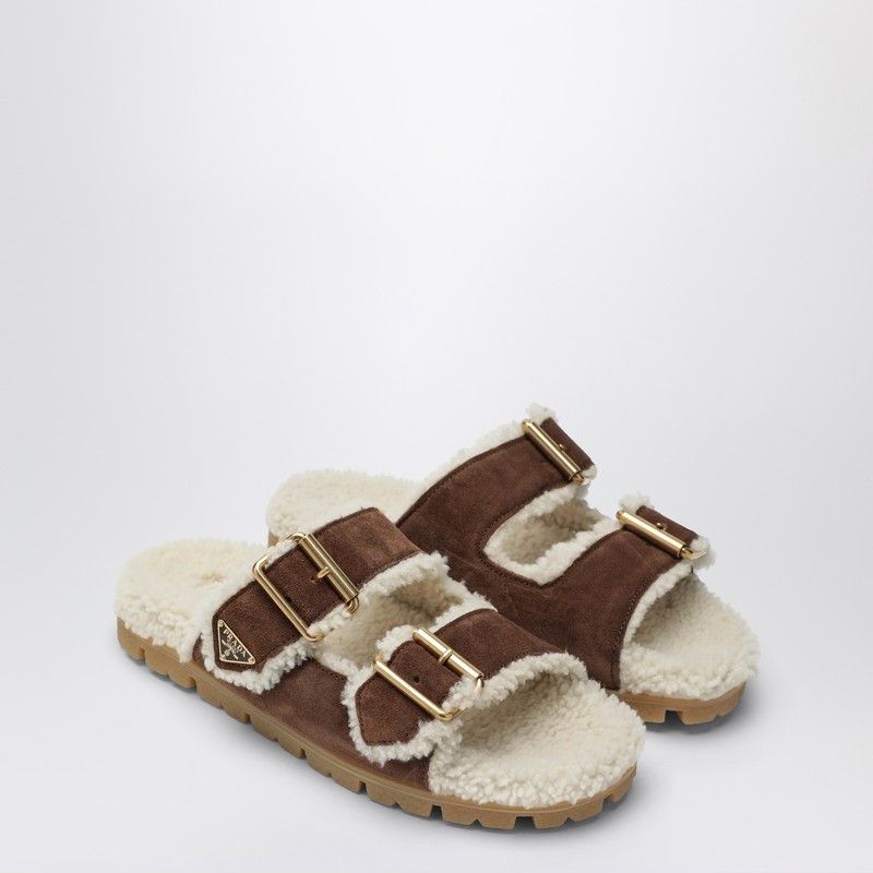 Prada Prada Brown Suede And Shearling Slides Size US 7.5 / IT 37.5 - 1 Thumbnail