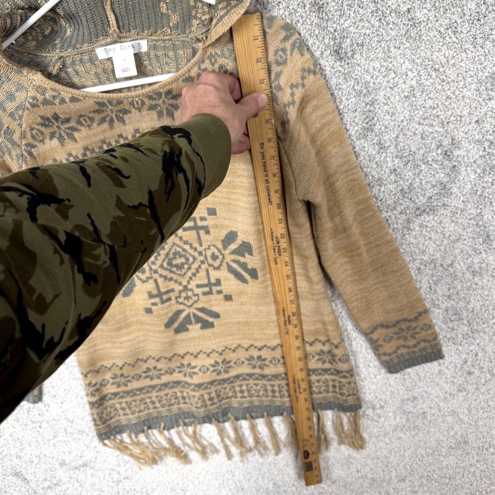 Vintage Say What Tunic Sweater Womens S Tan Knit Hoodie Fringe Aztec Print Boho Festival Size S / US 4 / IT 40 - 2 Thumbnail