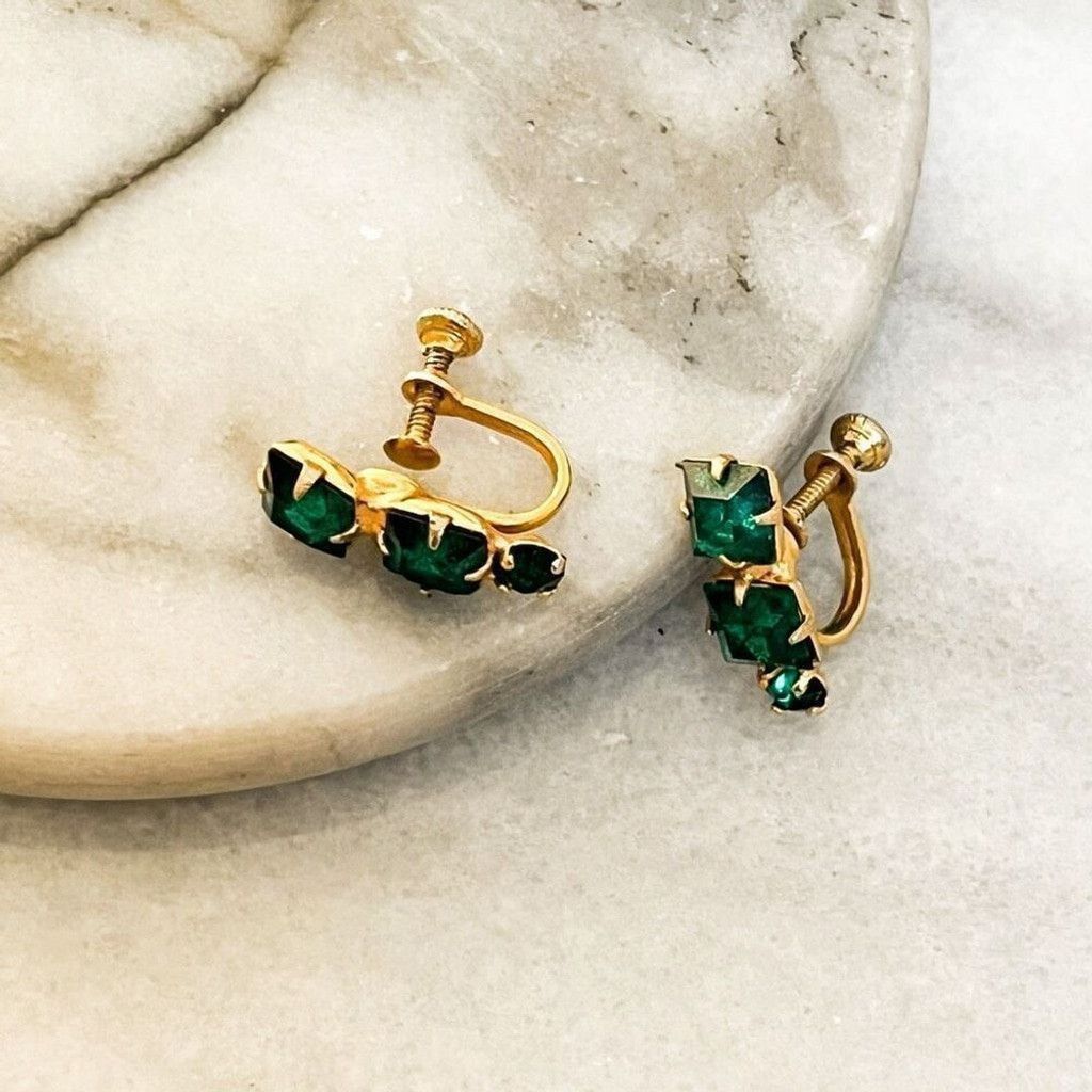 Vintage Vintage Screw Back Crystal Earrings Green Gold Size ONE SIZE - 2 Thumbnail