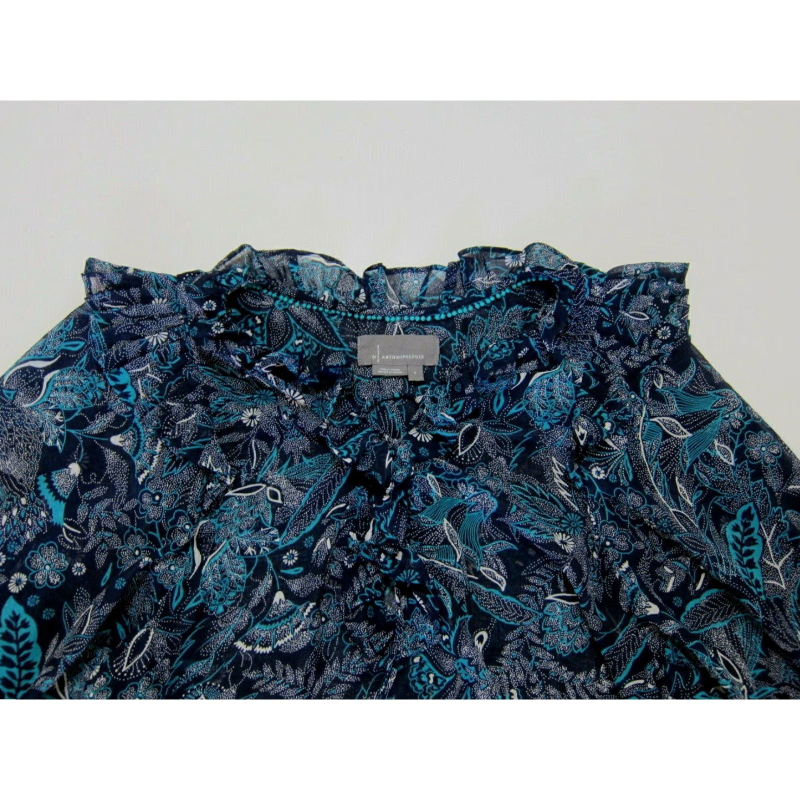 Anthropologie Anthropologie Blue White Floral Paisley Silky Sheer Peasant Blouse Women Small Size S / US 4 / IT 40 - 4 Thumbnail