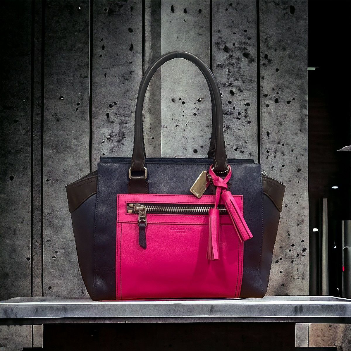 image of Navy, Black, & Hot Pink Coach Color Block Tote, Women's