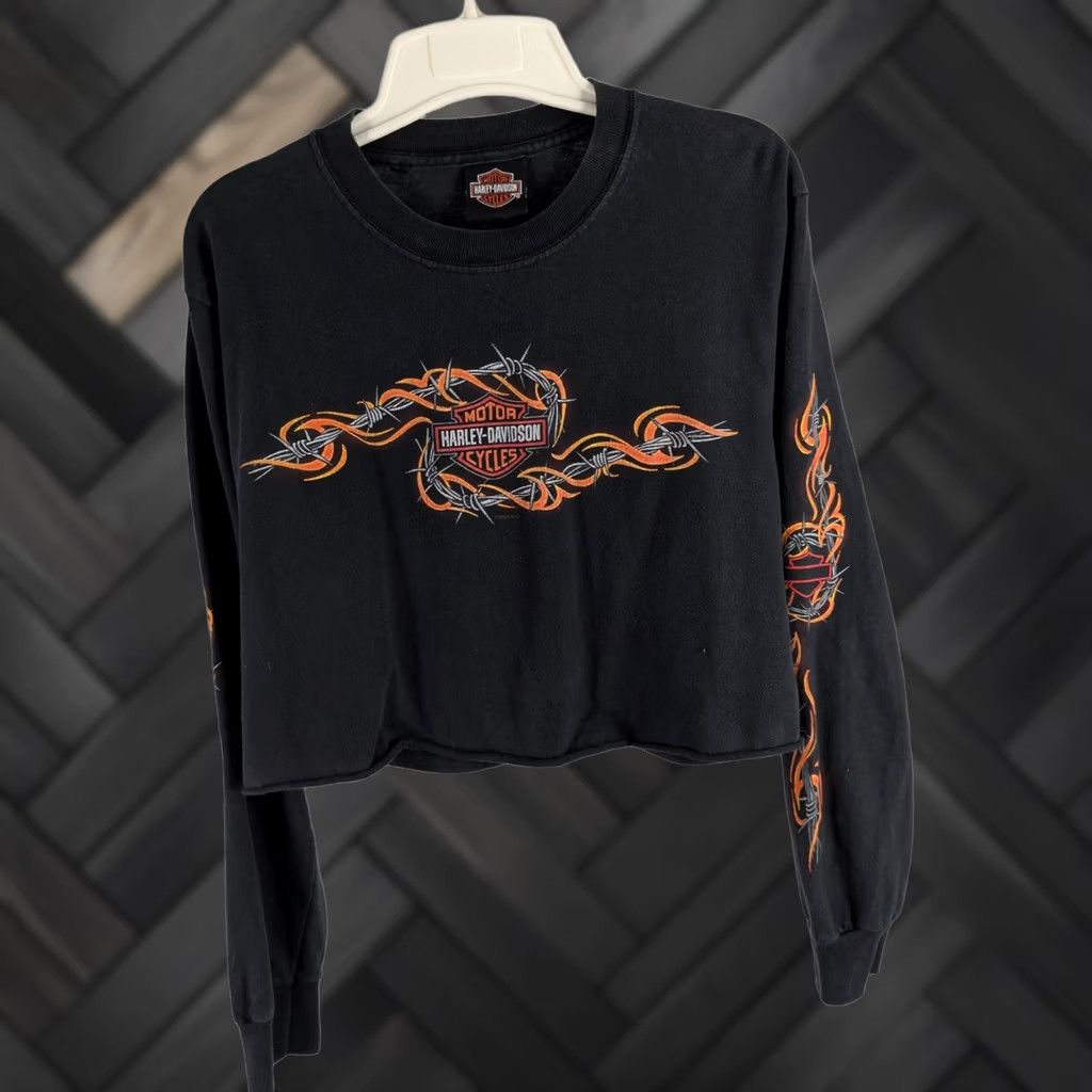 Harley Davidson VINTAGE Harley-Davidson Shirt Long Sleeve Cropped 2004 Y2K Grunge Black Mens 38" Chest Size XS / US 0-2 / IT 36-38 - 1 Thumbnail