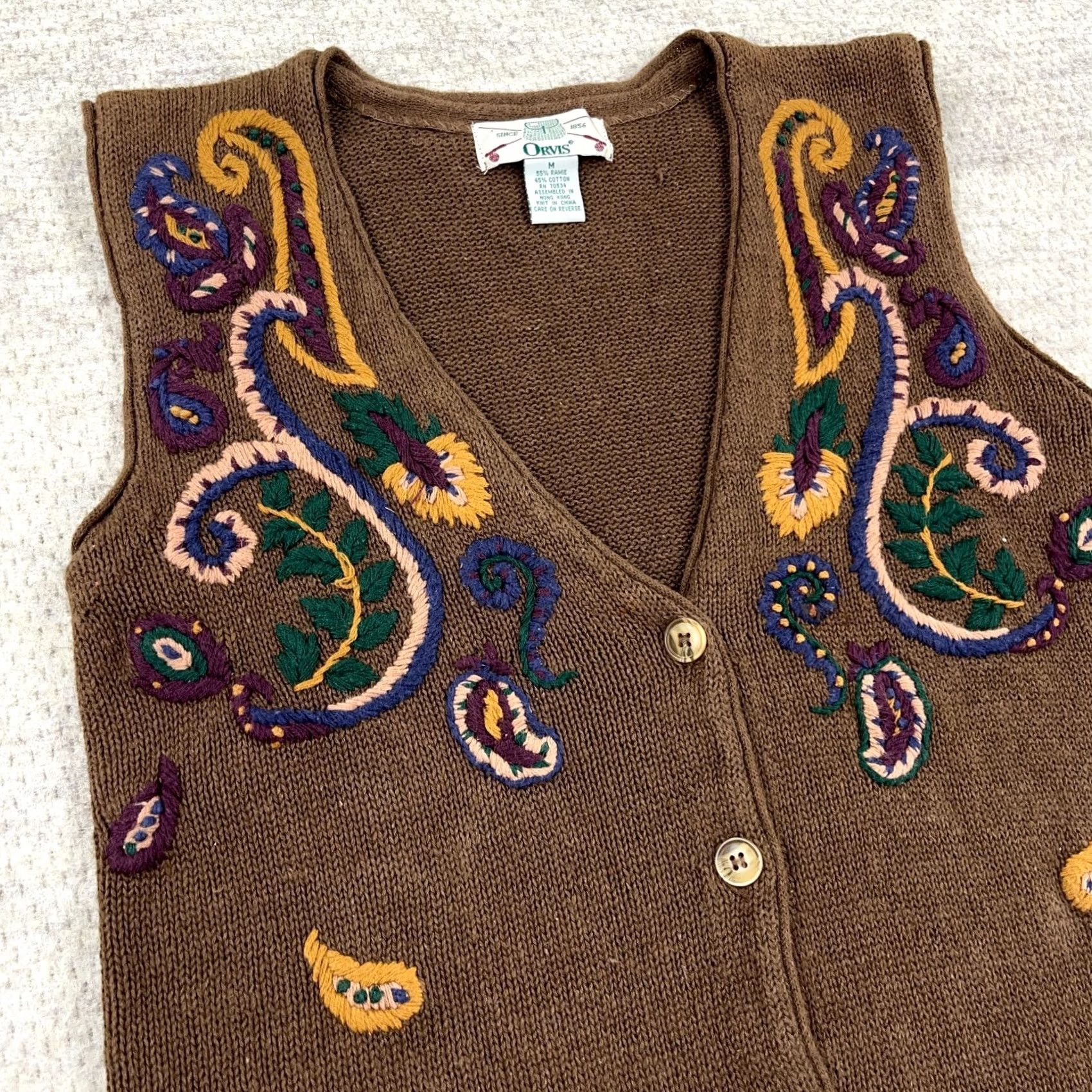 Orvis VINTAGE Orvis Sweater Vest Women M Brown Embroidered 90s Western Outdoor Casual Knit Vest Pocket V-Neck Button Womens Size M / US 6-8 / IT 42-44 - 3 Thumbnail