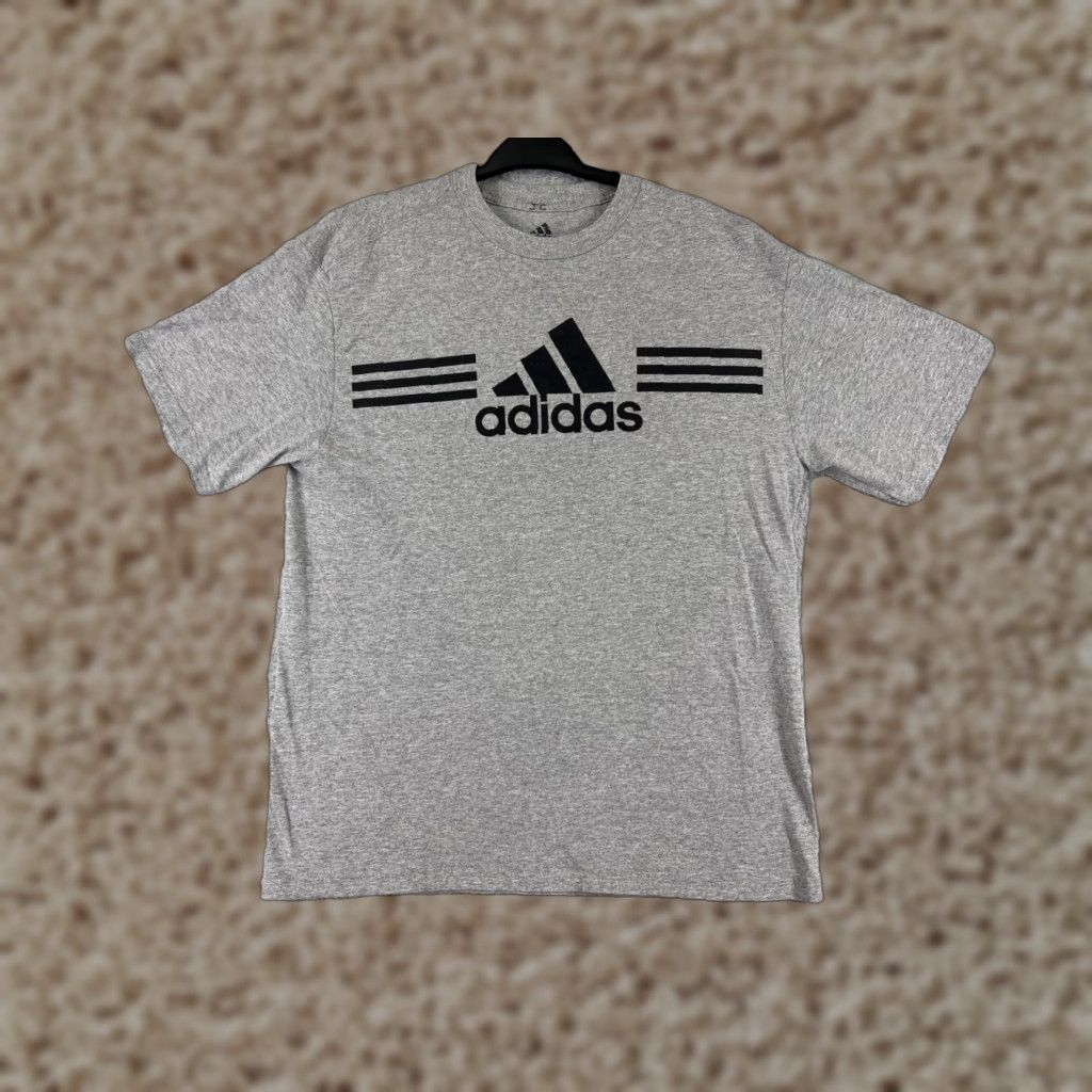 Adidas Adidas Shirt Men M Gray Spellout Logo Three Stripes Short Sleeve Crew Neck - T-Shirt, Cotton Blend, Jersey, Regular Fit Size US M / EU 48-50 / 2 - 1 Thumbnail