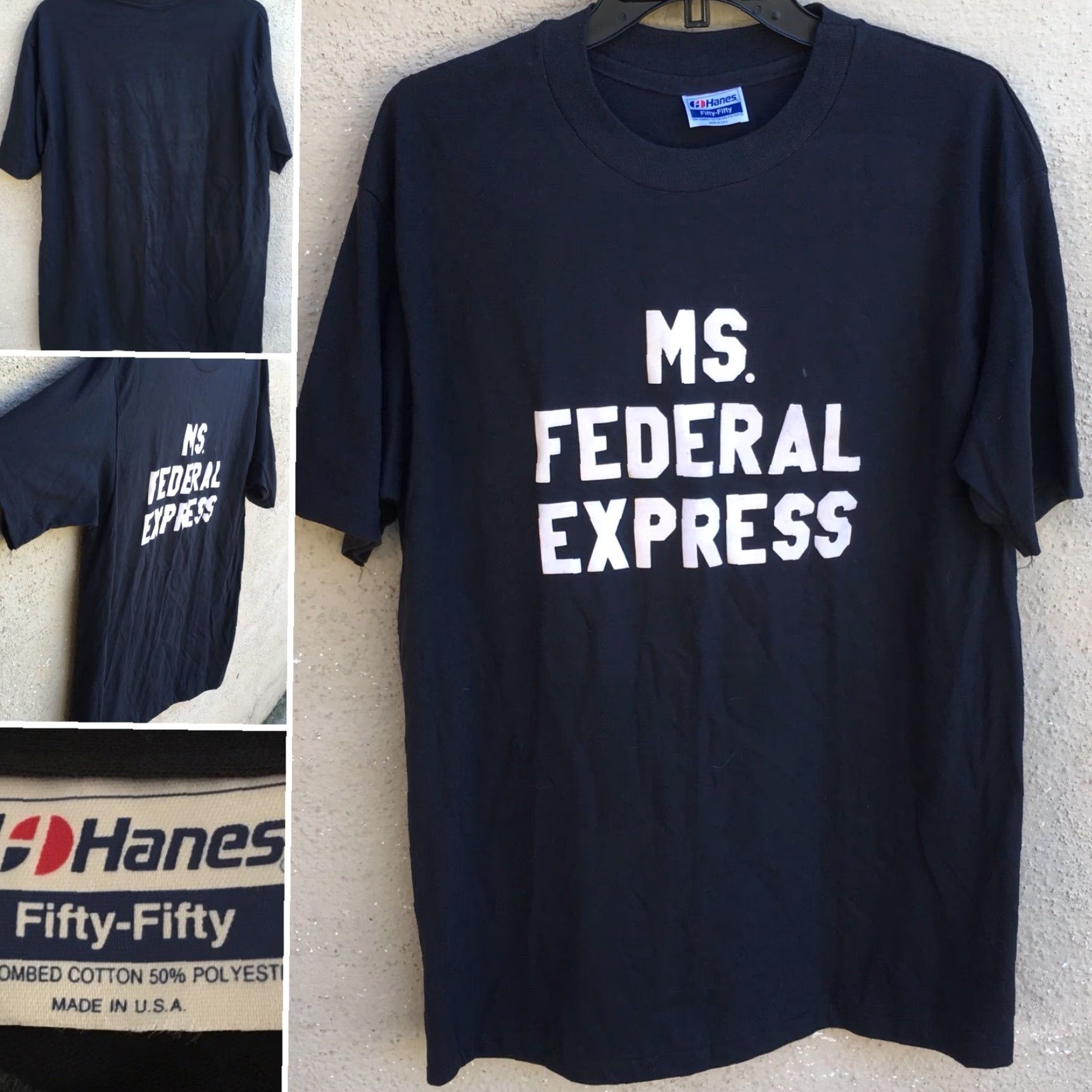 Hanes VINTAGE Hanes T-Shirt USA XL/XXL 50/50 Fed Ex MS. FEDERAL EXPRESS Short Sleeve Men's 1980s Black/Navy Logo Shirt Size US XL / EU 56 / 4 - 2 Thumbnail