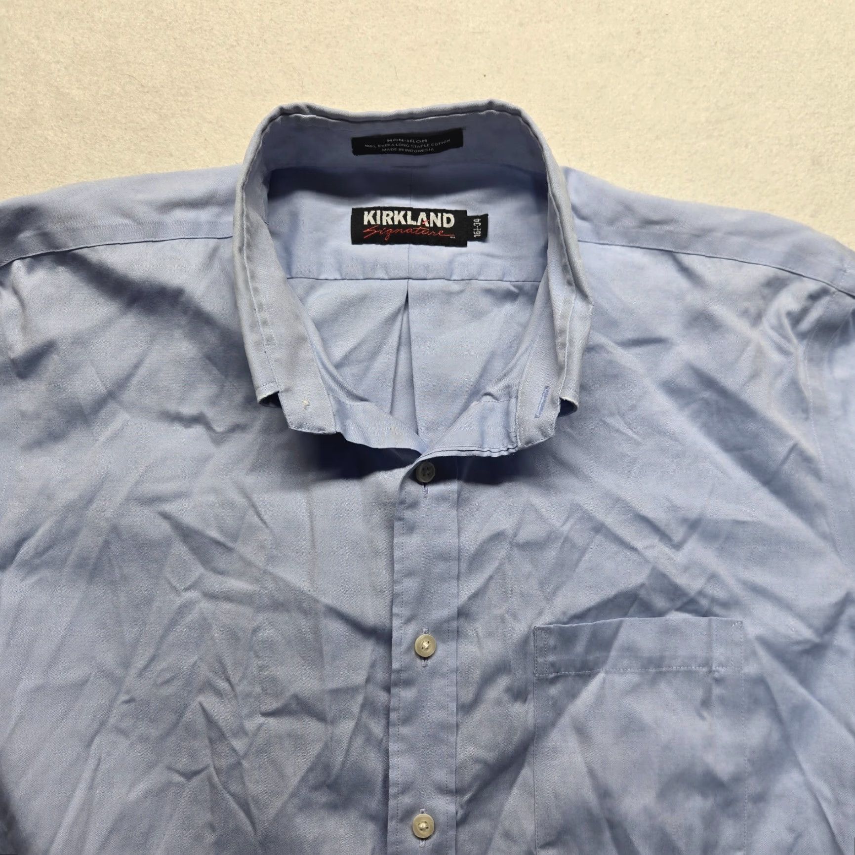 Vintage Kirkland Signature Dress Shirt Solid Blue Button-Down 16.5 Men Adult Regular Long Sleeve Wrinkle-Resistant Non-Iron 100% Cotton Shirt Mens 16.5 Blue Size 42R - 2 Thumbnail