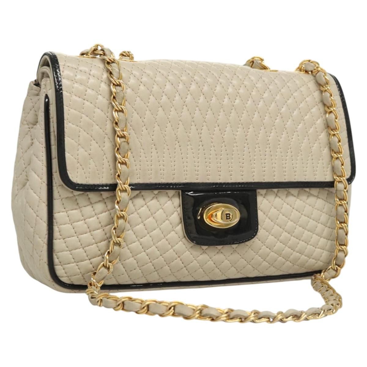 Bally Quilted Chain Shoulder Bag Leather Beige Auth 116474, Women's