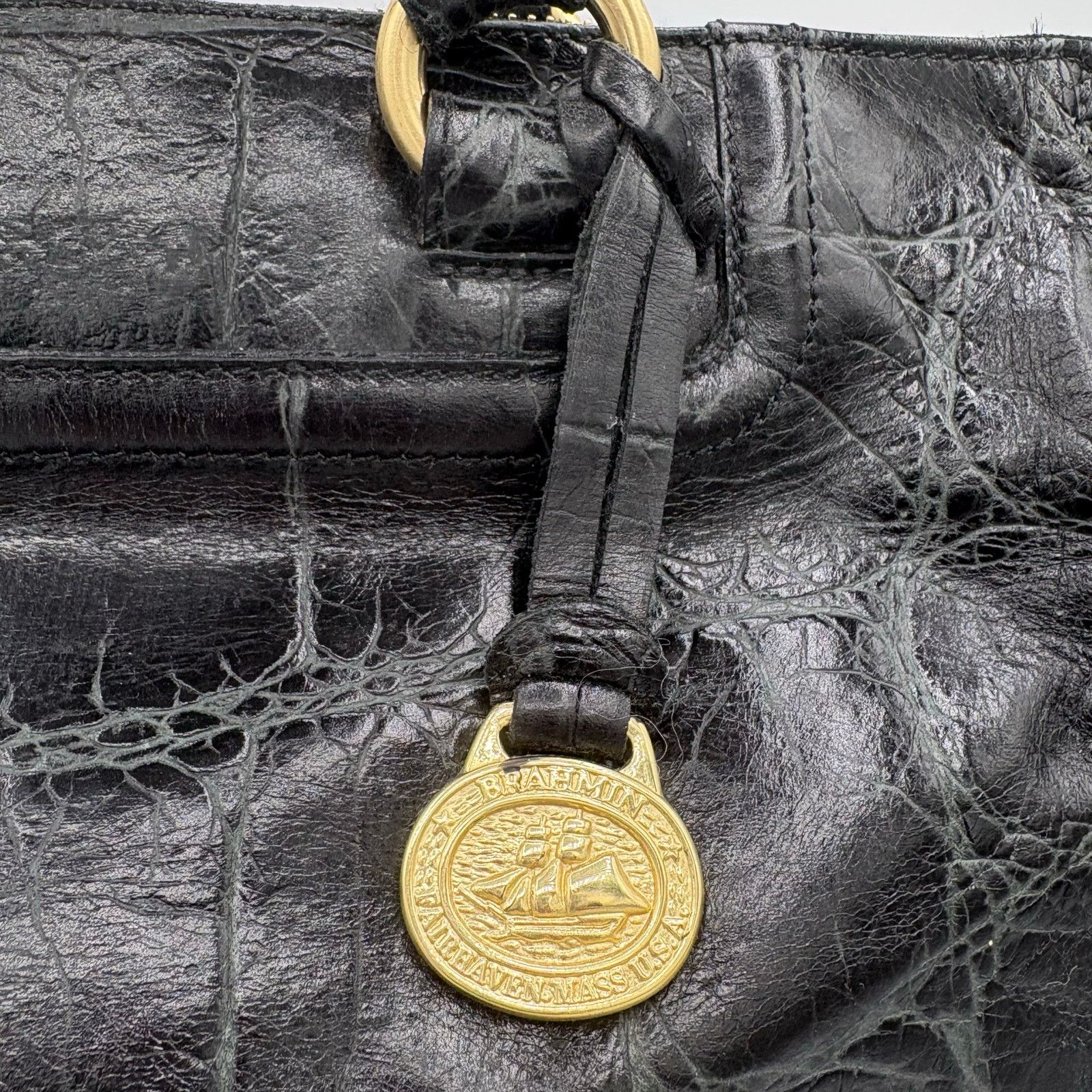 BRAHMIN Authentic Brahmin Black Croc-Embossed Leather Satchel Size ONE SIZE - 4 Thumbnail