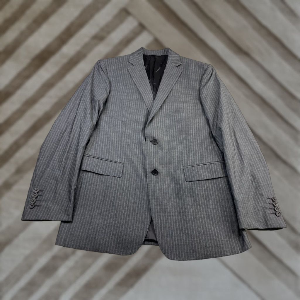 John Varvatos John Varvatos Suit Jacket Blazer Mens 38R Gray Wool Silk Stripe Italy Double-Vented Notch Lapel Size 38R - 1 Thumbnail