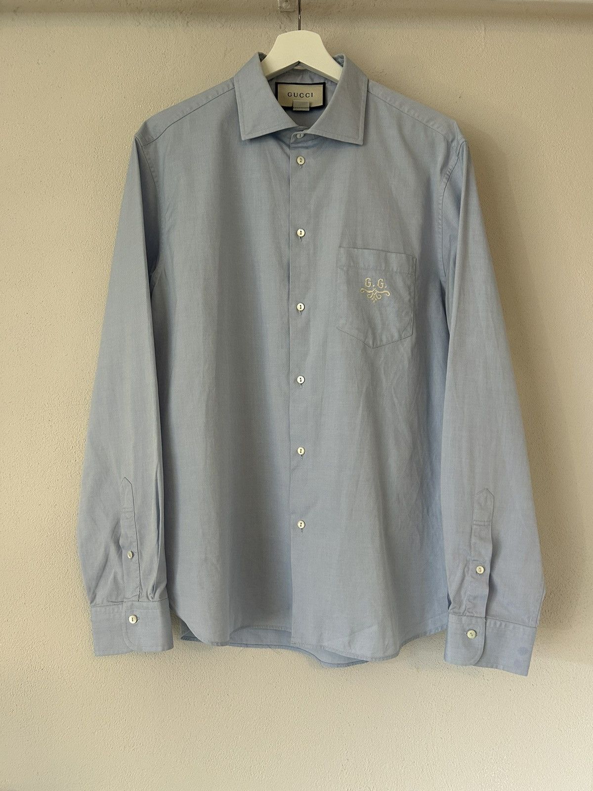 Gucci Gucci Light Blue Cotton Shirt with Embroidered “GG” Crest Size US L / EU 52-54 / 3 - 1 Thumbnail