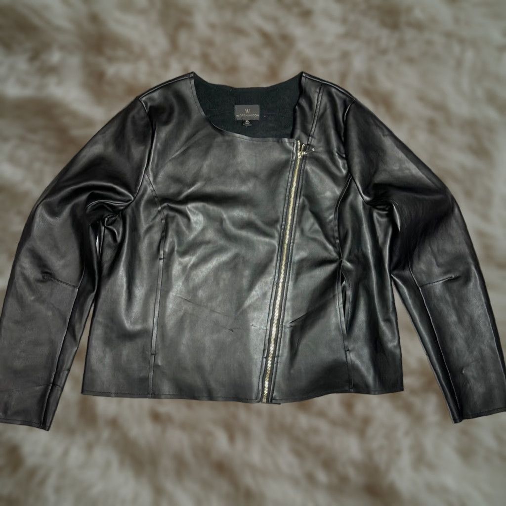 Worthington Worthington Womens Cropped Faux Leather Jacket XL Black Asymmetrical Zip Pockets Size XL / US 12-14 / IT 48-50 - 1 Thumbnail
