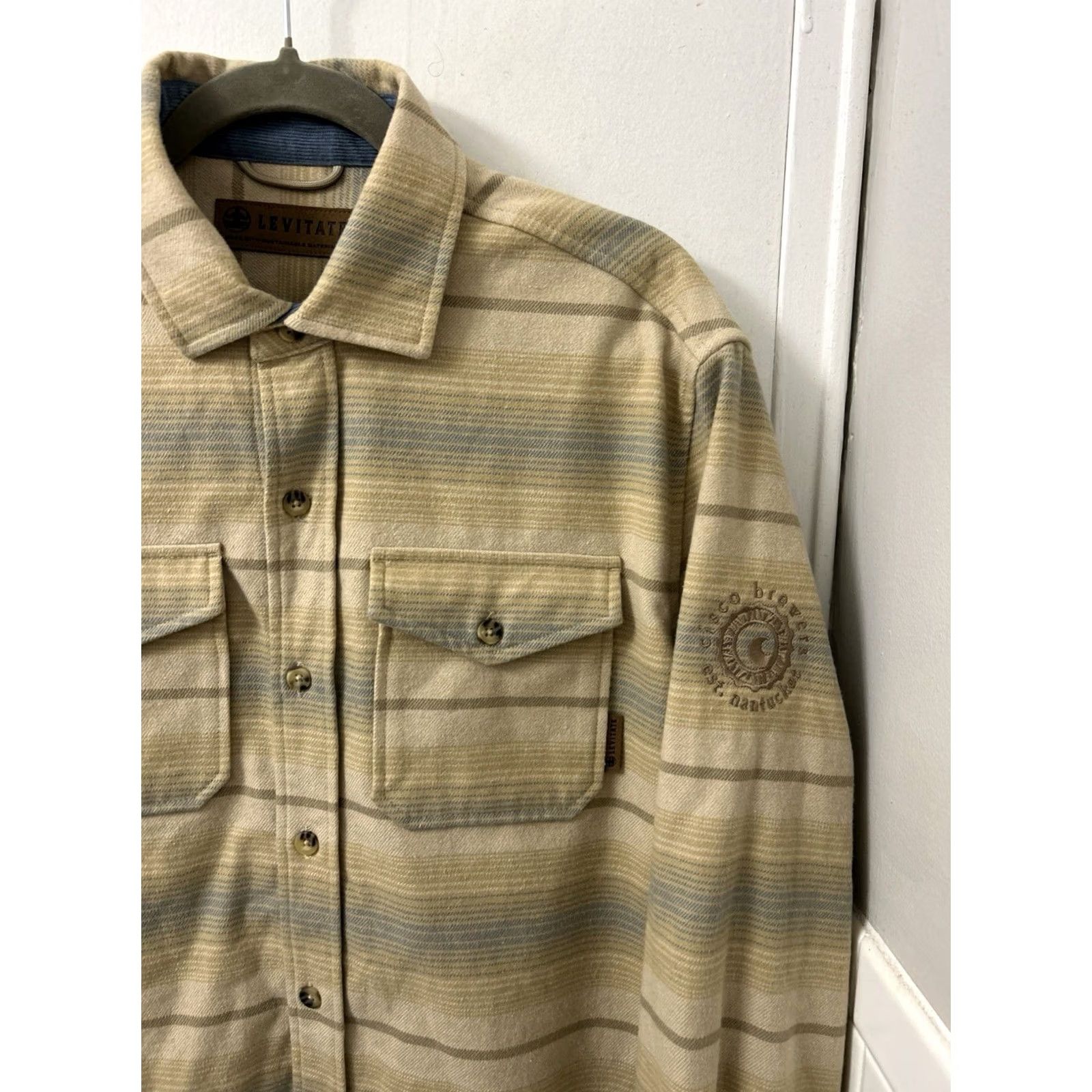 Vintage Levitate Shirt Mens M Tan Blue Striped Flannel Button-Down L/S Organic Cotton Recycled Polyester Embroidered Pockets Casual Workwear Vintage No Size US M / EU 48-50 / 2 - 4 Thumbnail