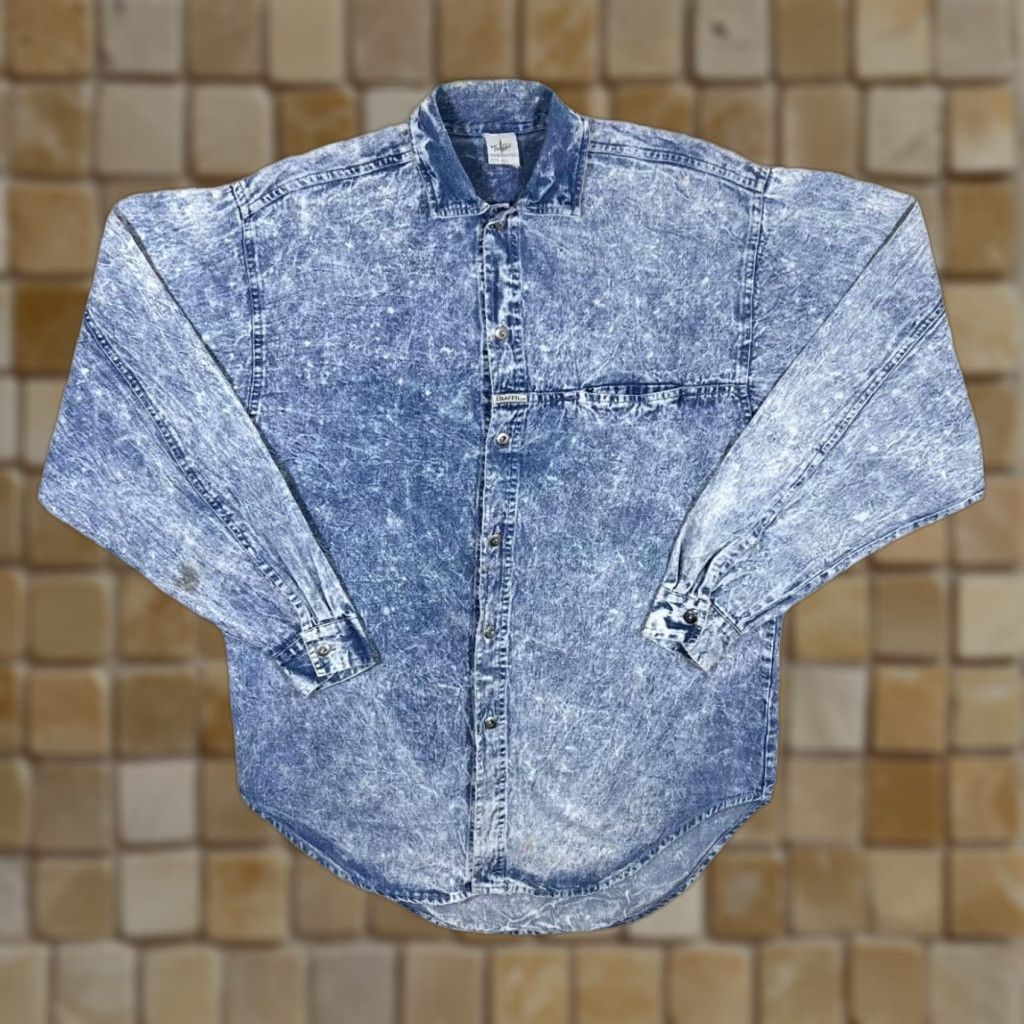 Denime VINTAGE 90s Traffic Acid Wash Blue Denim Long Sleeve Cotton Shirt One Size Large Shirt Mens Blue Denim 90s Size US M / EU 48-50 / 2 - 1 Thumbnail