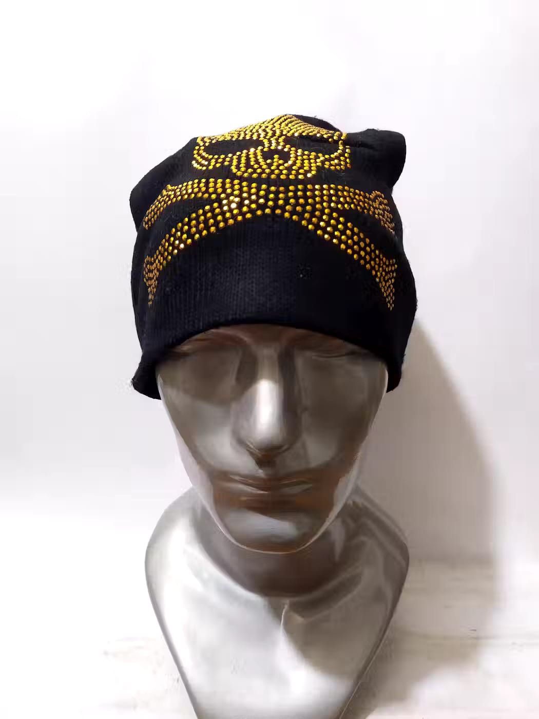 image of Avant Garde Chrome Body Skull Skeleton Sparkling Punk Bondage Beanie in Black, Men's