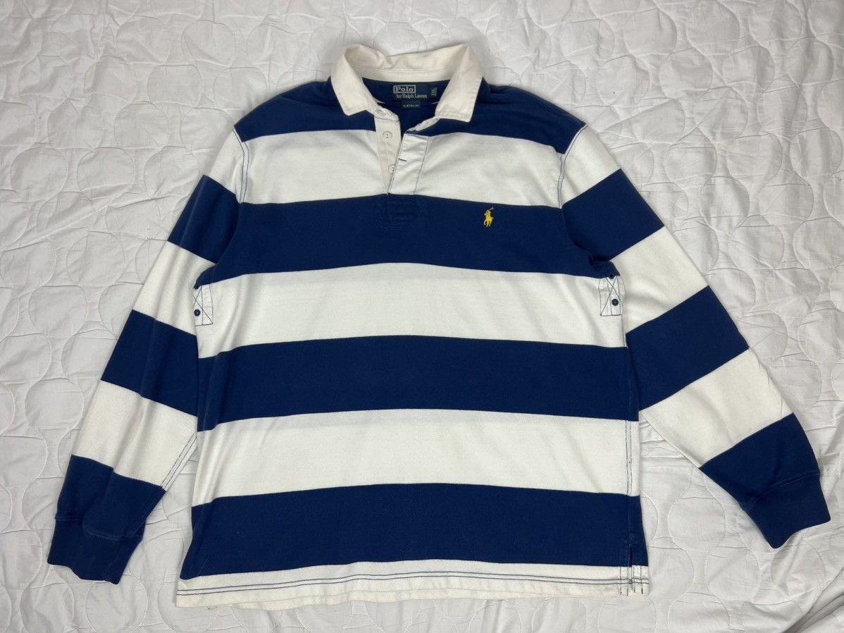 Vtg Polo Ralph Lauren Rugby Shirt Mens XL Blue Striped Long hot Sleeve Denim Collar