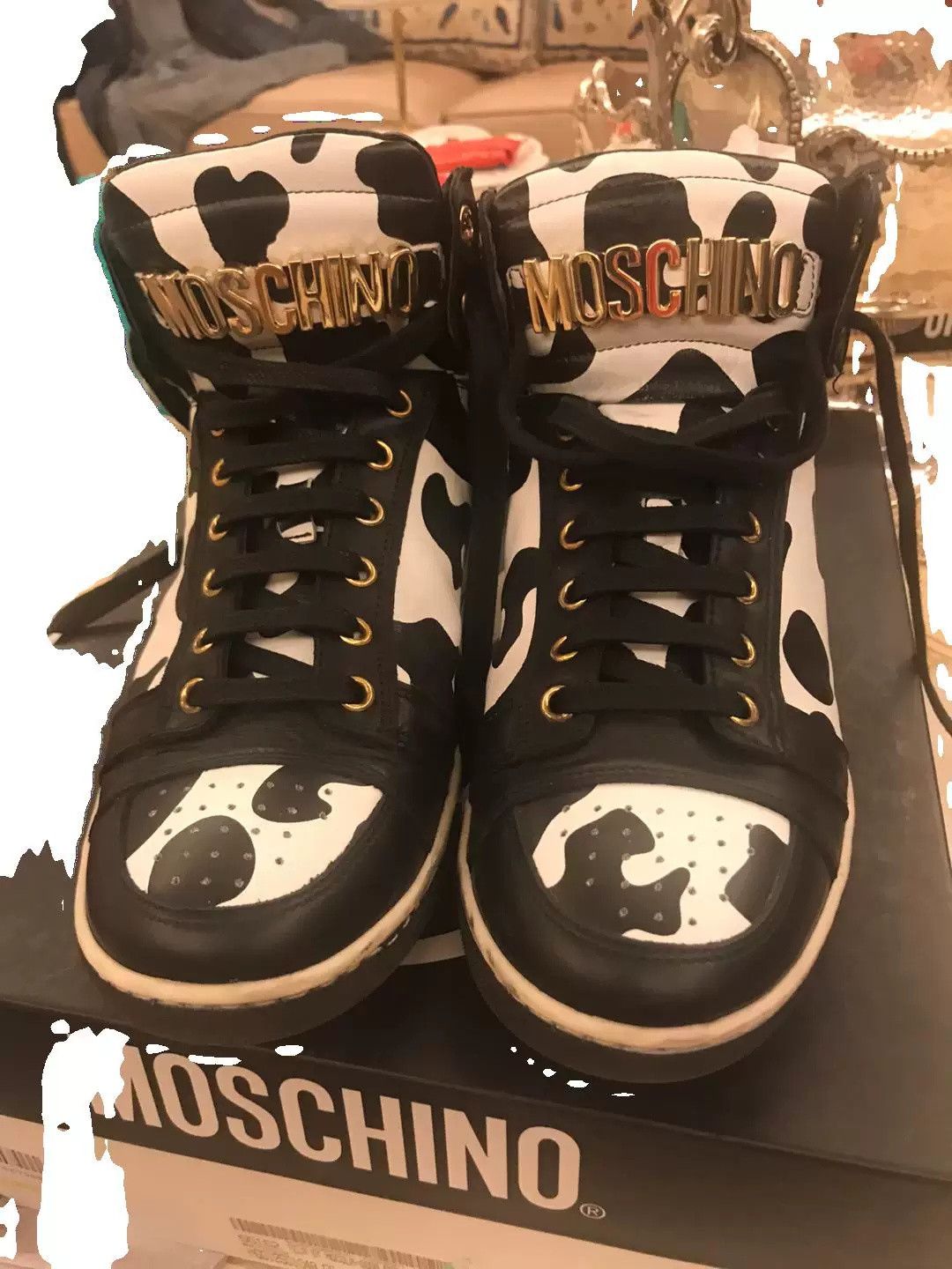 Moschino Moschino Cow Print Leather High-Top Sneakers Size US 7 / EU 40 - 1 Thumbnail
