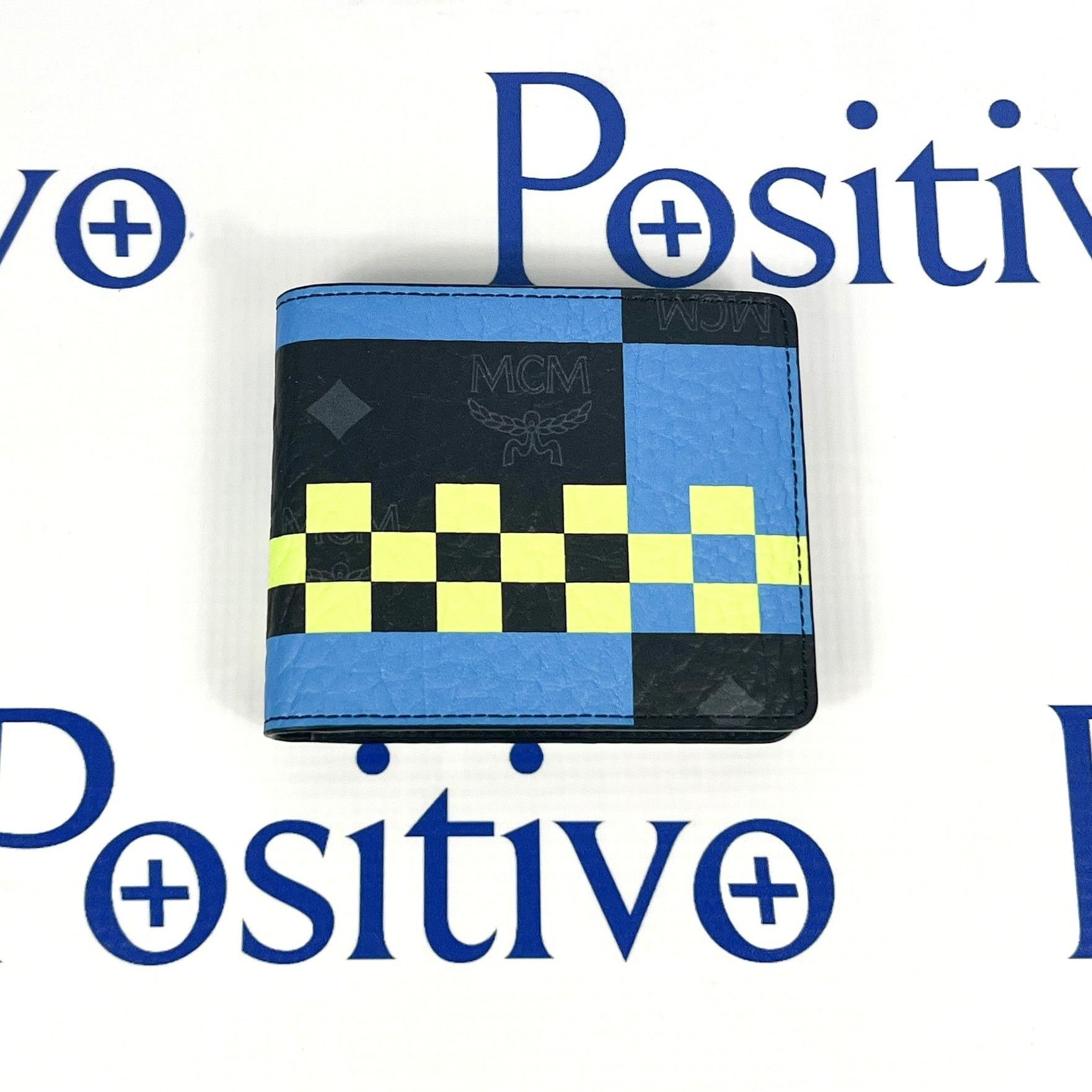 image of MCM Aren Multi Blue Leather Card Case Checkerboard Small, Men's