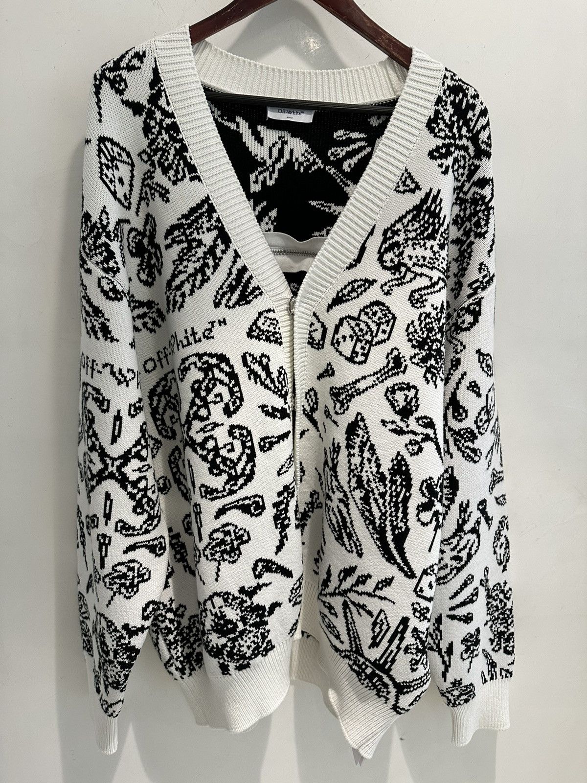 image of Off White Tattoo Ao Knit Cardigan in White/Black, Men's (Size Small)