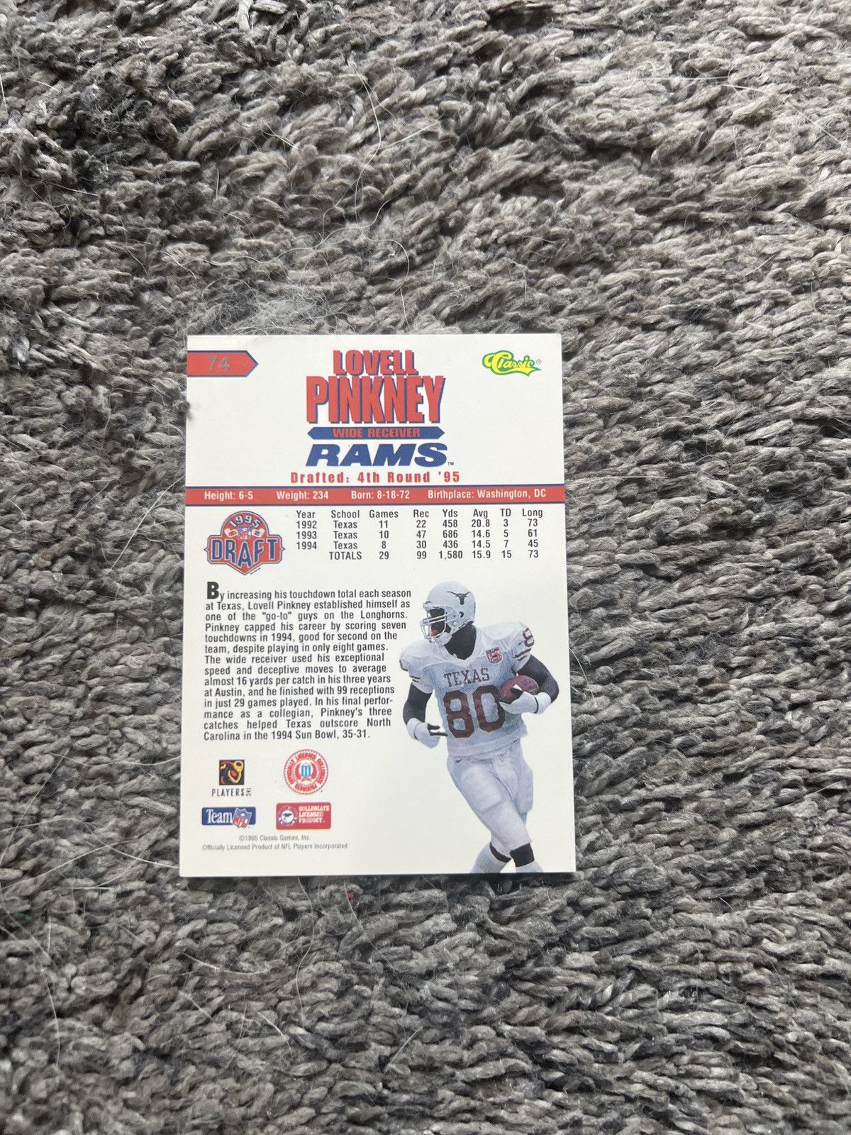 NFL 1995 Classic #74 Lovell Pinkney Card Size ONE SIZE - 2 Thumbnail