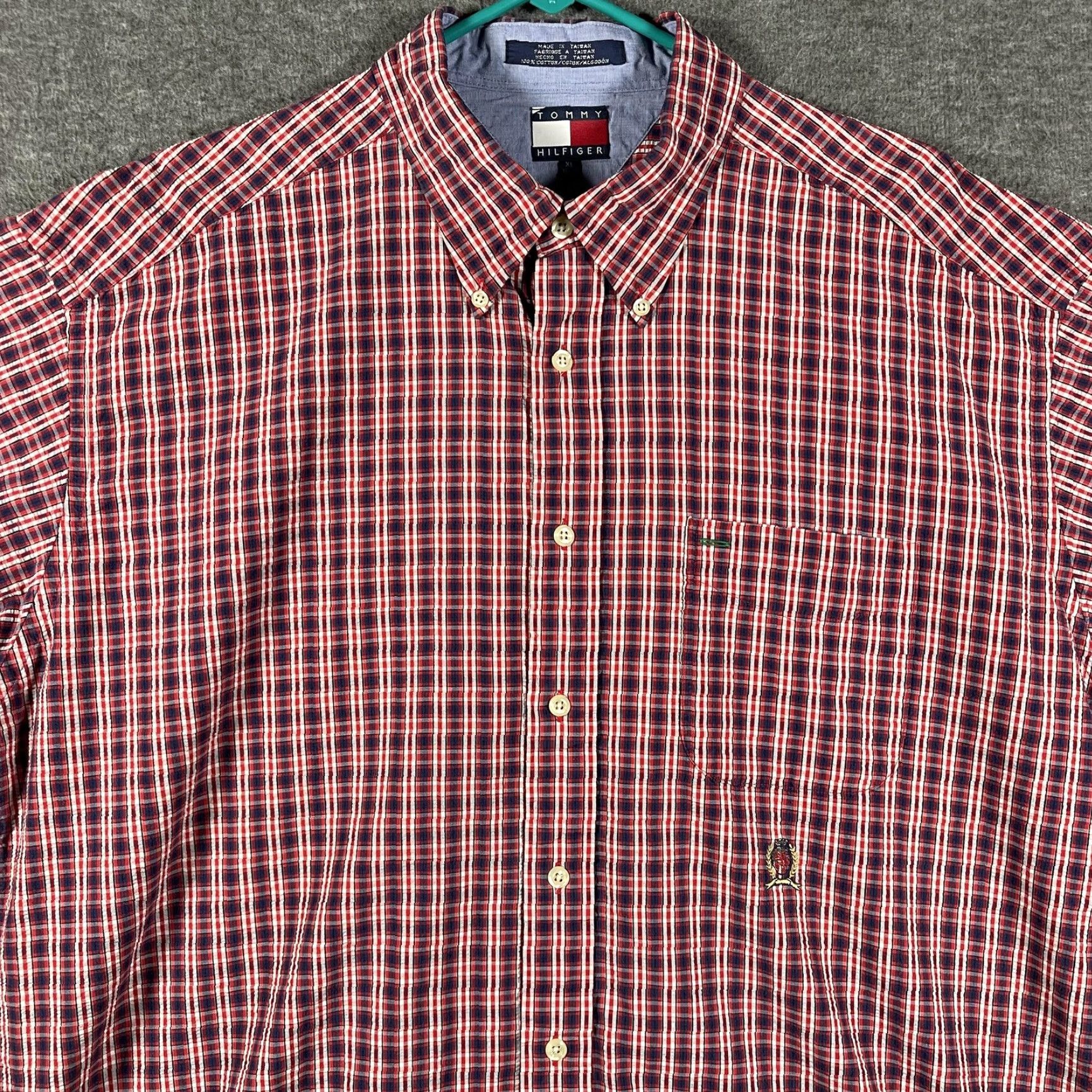 Tommy Hilfiger VINTAGE Tommy Hilfiger Shirt Mens XL Red Navy Plaid Button-Down Long Sleeve Crest Logo Size US XL / EU 56 / 4 - 2 Thumbnail