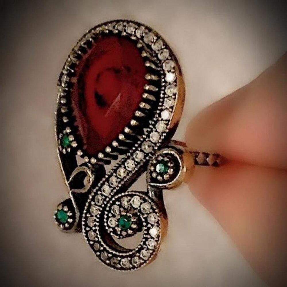Designer Vintage Ruby Red Teardrop Antique Gold Ethnic Ring - Size 7 Size ONE SIZE - 1 Thumbnail
